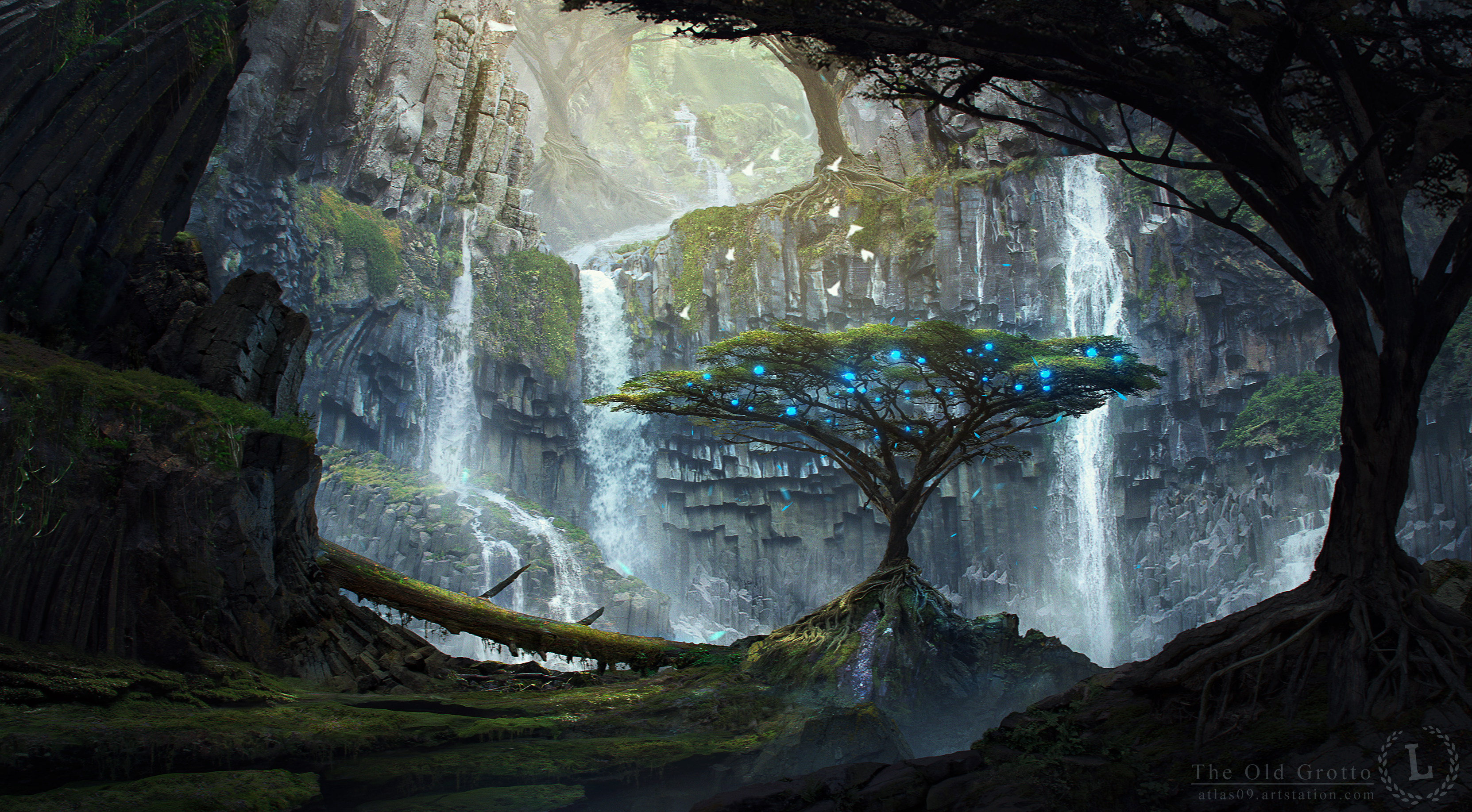 Laden Sie das Landschaft, Fantasie, Wasserfall, Wald, Baum, Künstlerisch-Bild kostenlos auf Ihren PC-Desktop herunter