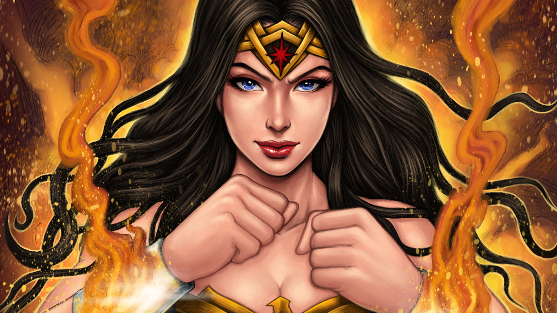 Download mobile wallpaper Blue Eyes, Comics, Black Hair, Dc Comics, Woman Warrior, Lipstick, Wonder Woman for free.
