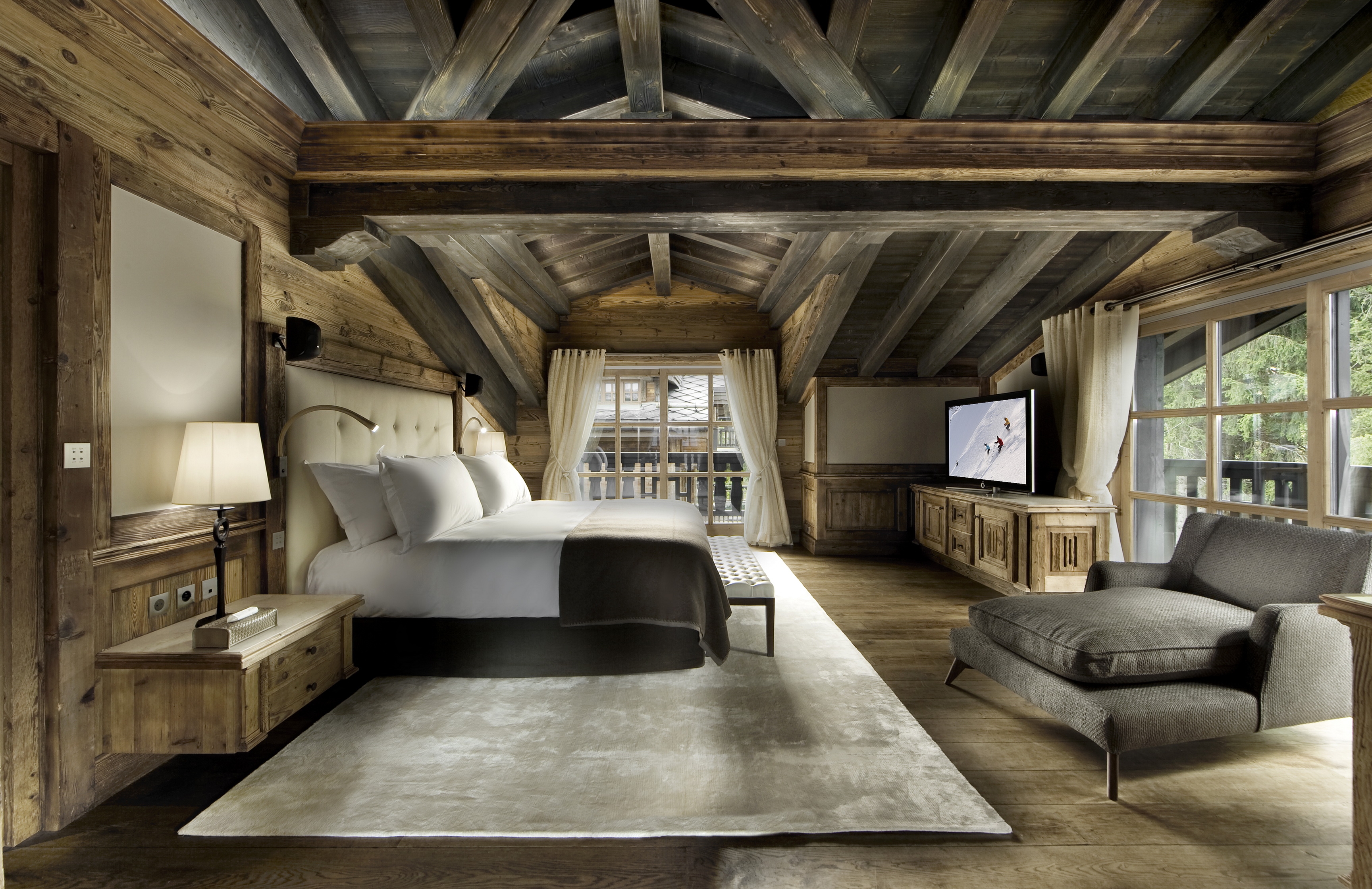 bedroom, interior, miscellanea, miscellaneous, room, bed, cushions, pillows, carpet, wooden design HD wallpaper