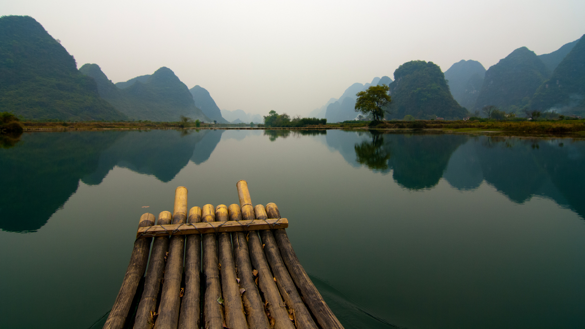 Download mobile wallpaper Landscape, Mountain, Lake, Reflection, Boat, Bamboo, Photography for free.