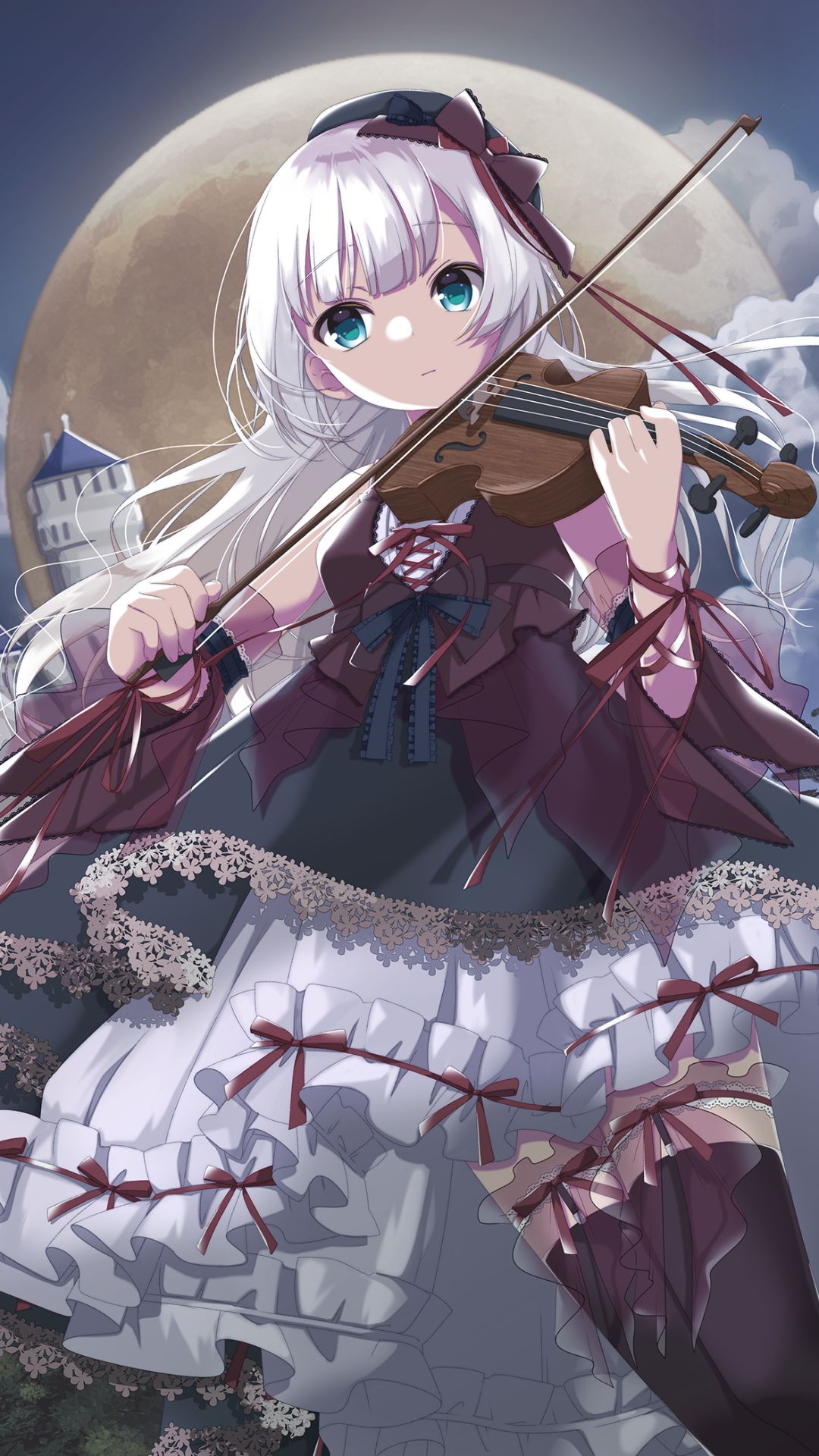 Download mobile wallpaper Anime, Girl, Dress, Violin, White Hair, Aqua Eyes for free.