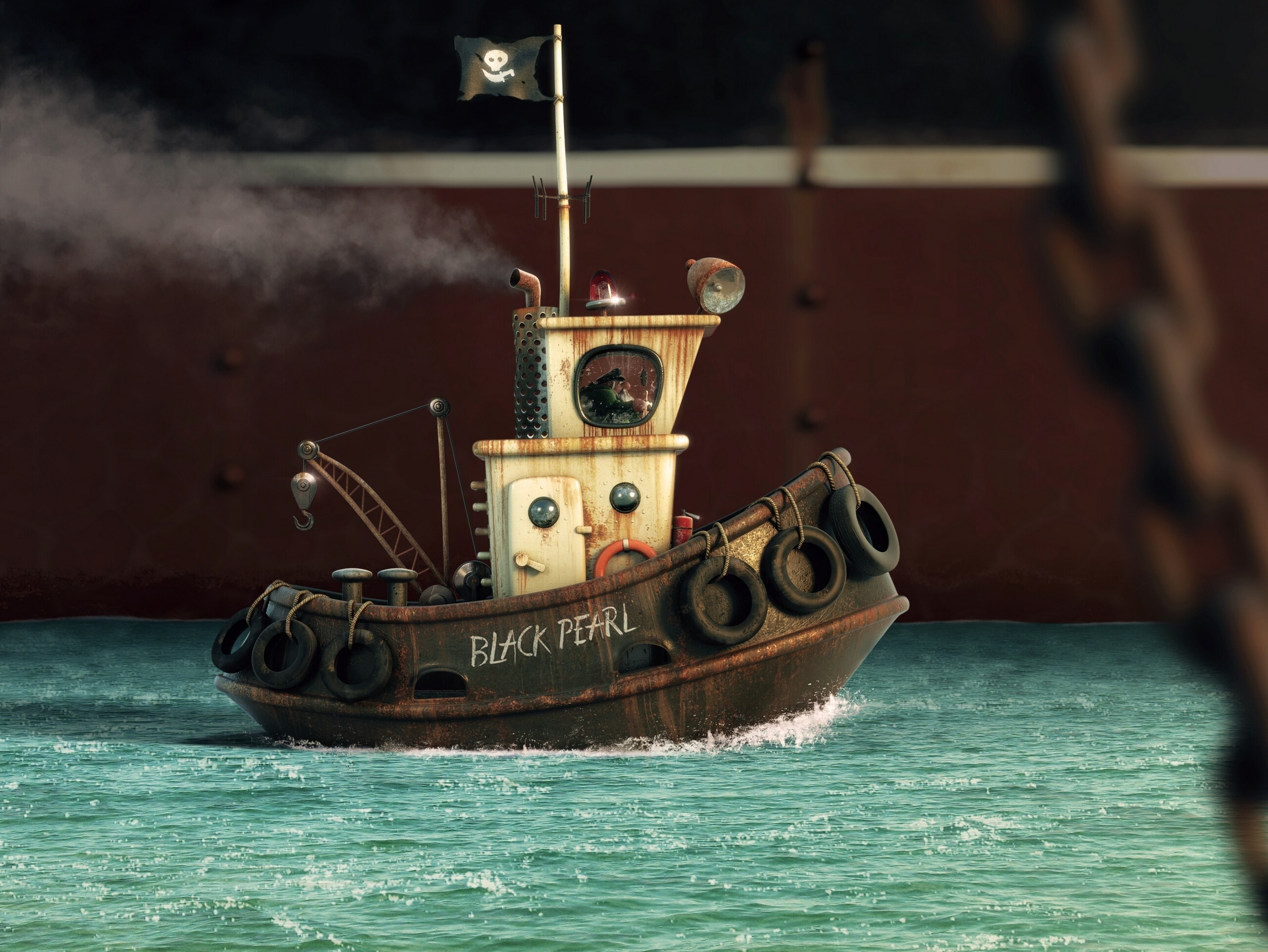 artistic, boat, pirate flag, ship, tugboat