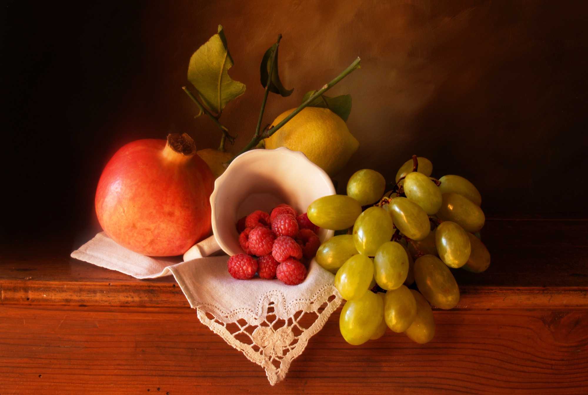 Download mobile wallpaper Food, Grapes, Raspberry, Still Life, Fruit, Pomegranate for free.