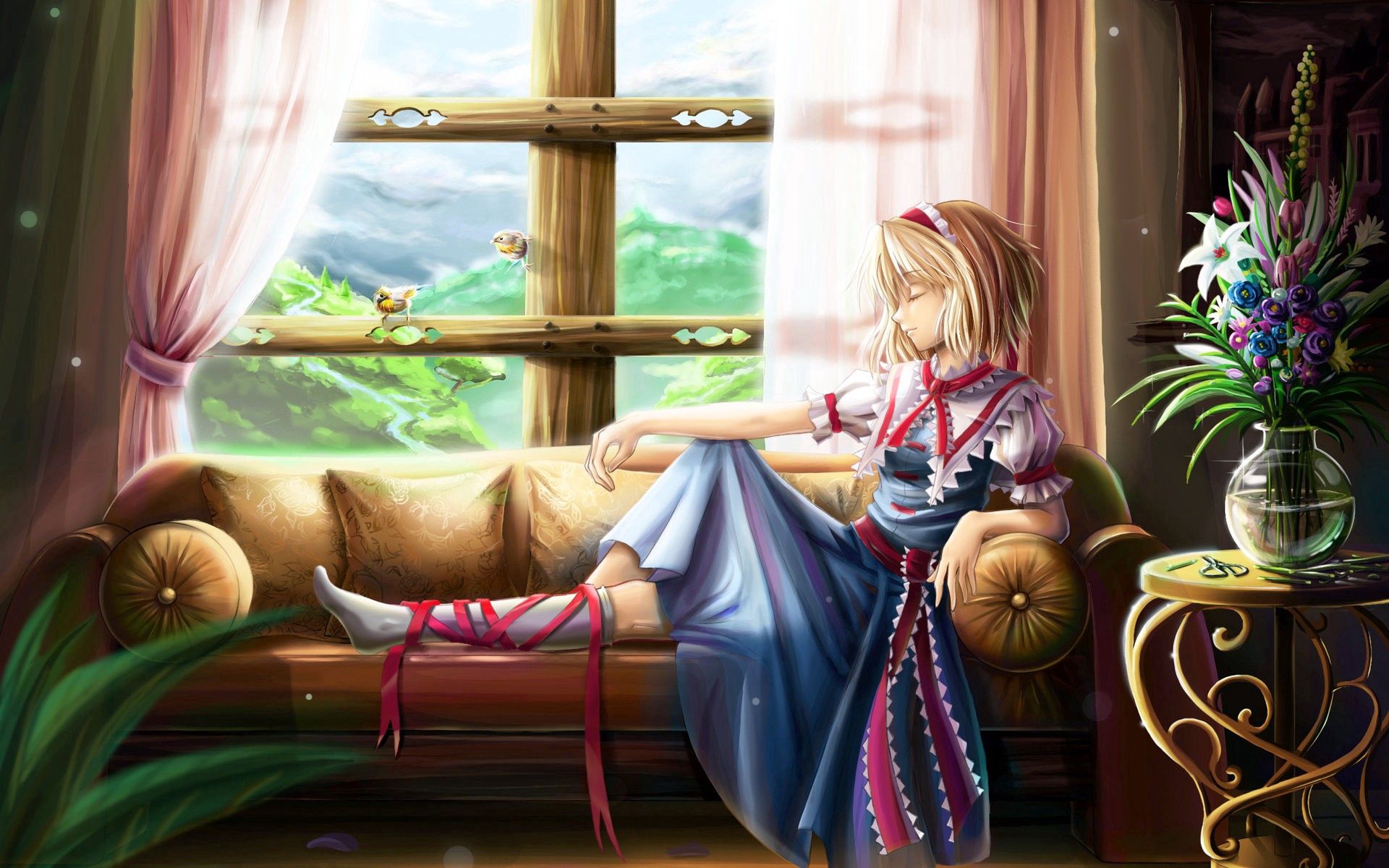 Download mobile wallpaper Window, Table, Landscape, Sofa, Girl, Anime for free.