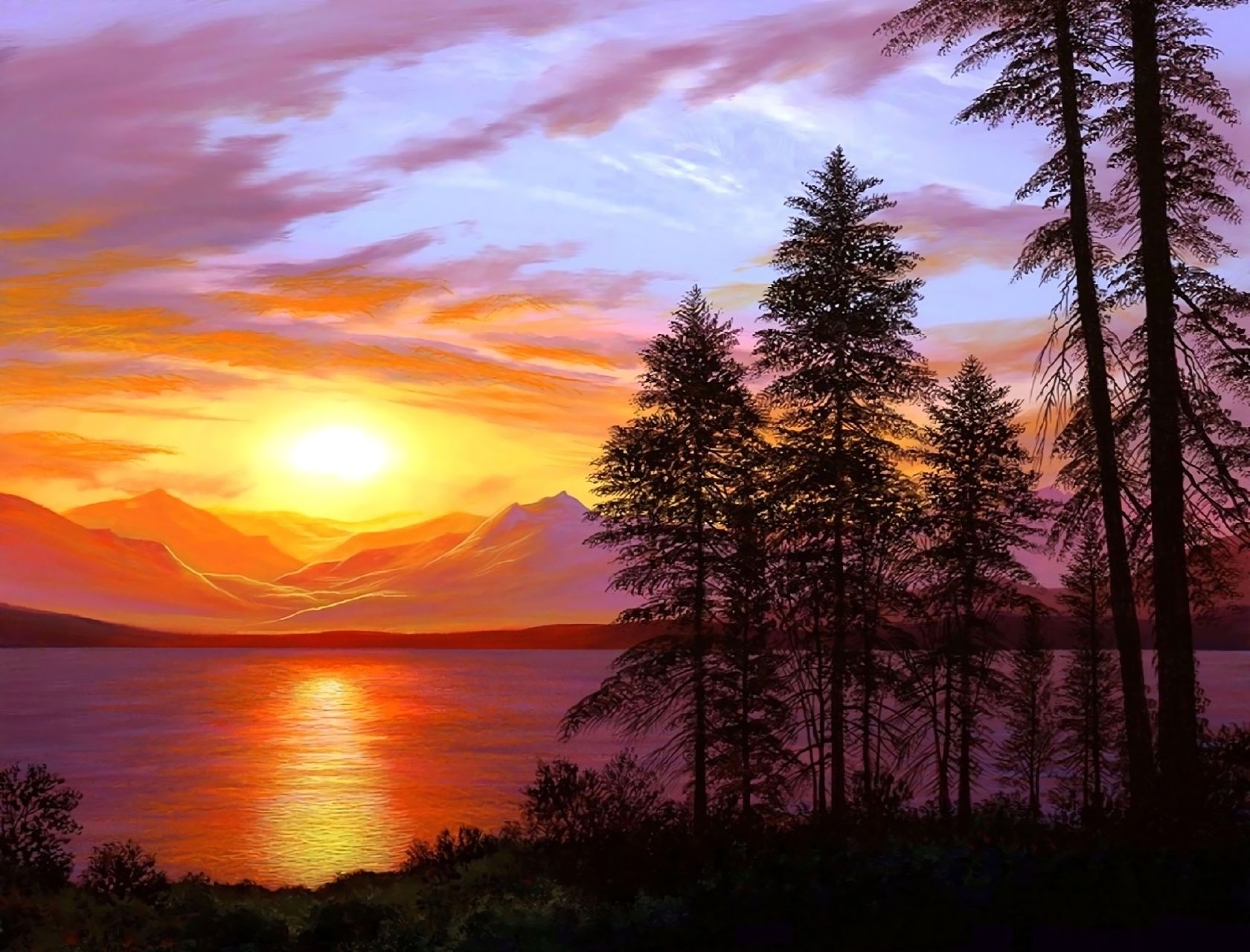 Download mobile wallpaper Sunset, Mountain, Lake, Tree, Earth, Artistic for free.