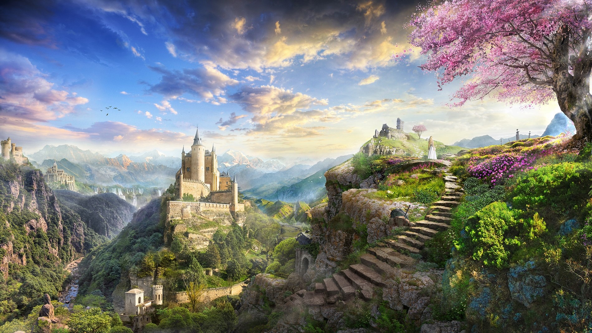 Free download wallpaper Landscape, Fantasy, Flower, Tree, Artistic, Castle on your PC desktop