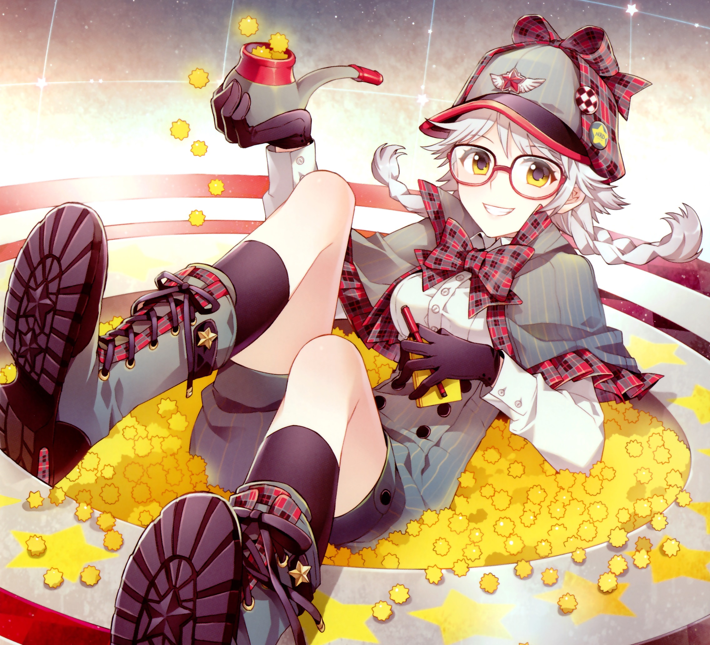 anime, original, bow (clothing), braid, glasses, hat, pipe, short hair, smile, stars, twintails, white hair, yellow eyes