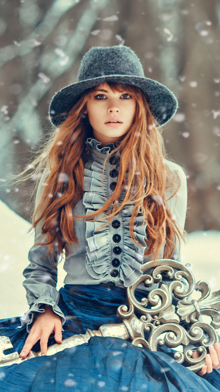 Download mobile wallpaper Winter, Redhead, Hat, Dress, Model, Women, Snowfall, Anastasiya Scheglova for free.