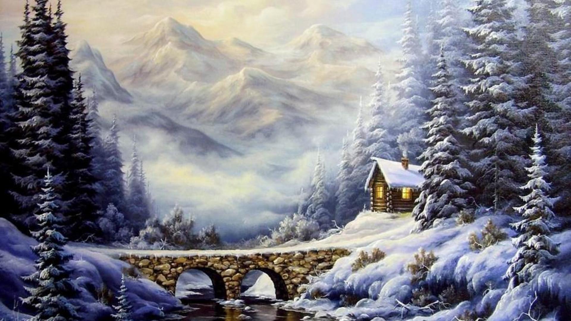 Free download wallpaper Winter, Snow, Mountain, Bridge, Painting, Artistic, Cabin on your PC desktop