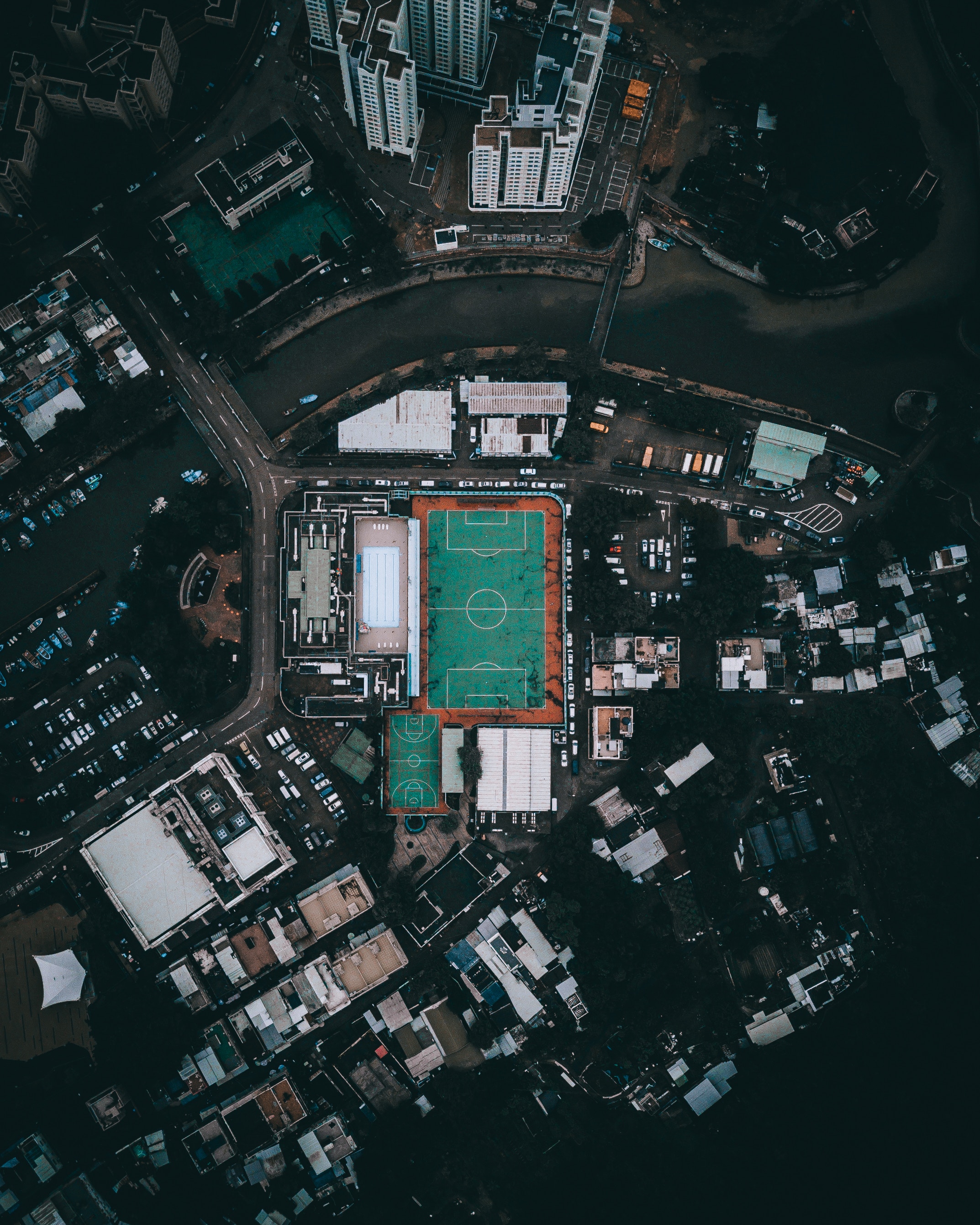 HD wallpaper stadium, cities, architecture, city, view from above, panorama, roof, parking, roofs, district