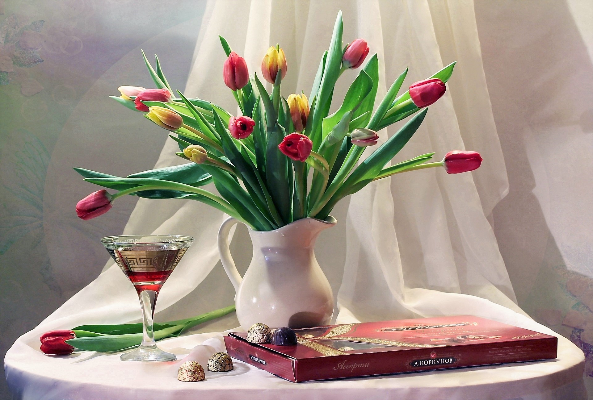 Download mobile wallpaper Still Life, Glass, Vase, Tulip, Photography, Scarf, Pitcher for free.