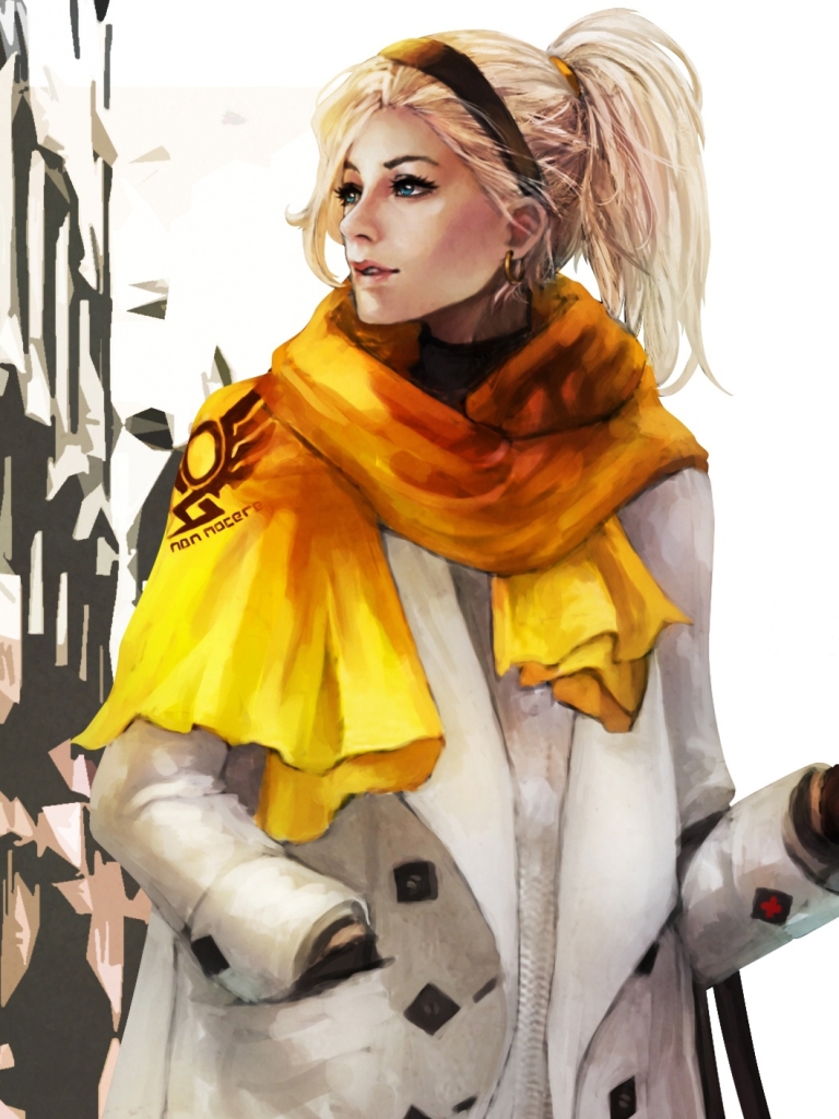 Download mobile wallpaper Blonde, Scarf, Blue Eyes, Overwatch, Video Game, Ponytail, Mercy (Overwatch) for free.