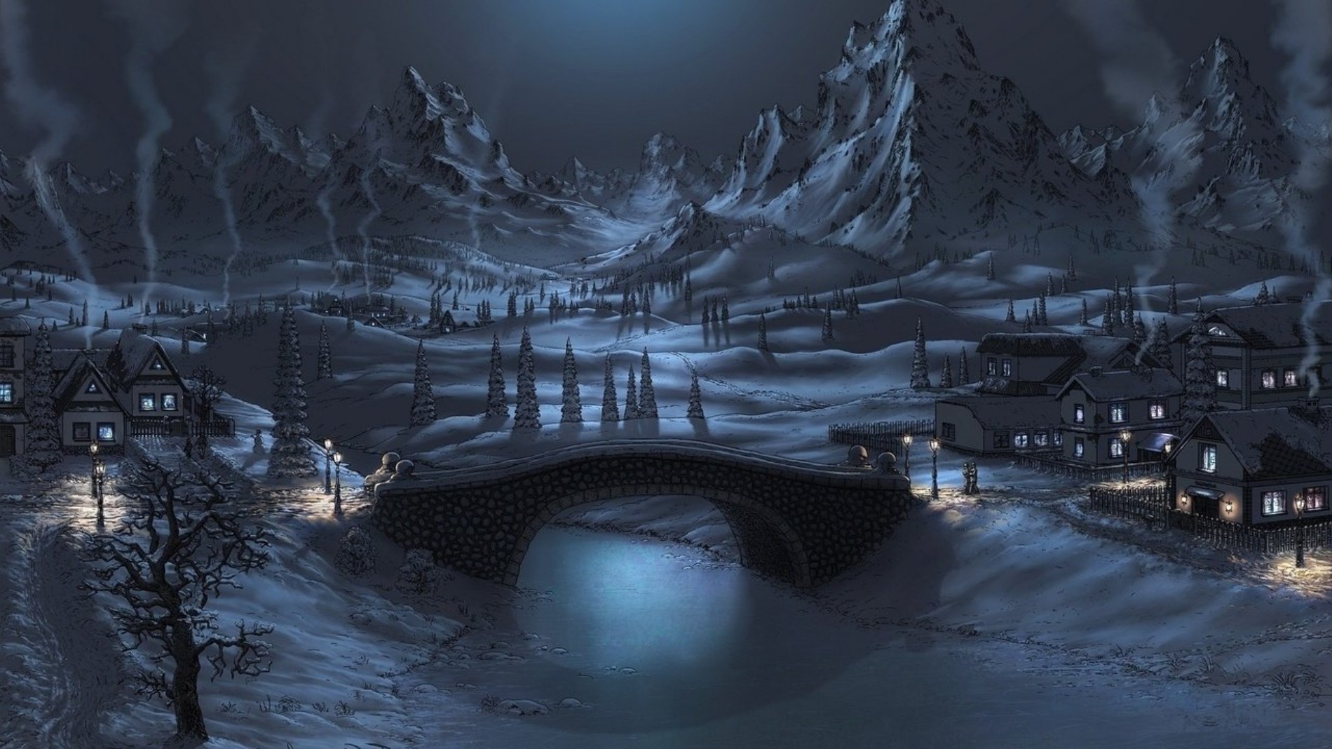 Download mobile wallpaper Winter, Snow, Mountain, Tree, Bridge, Artistic, River, Town for free.