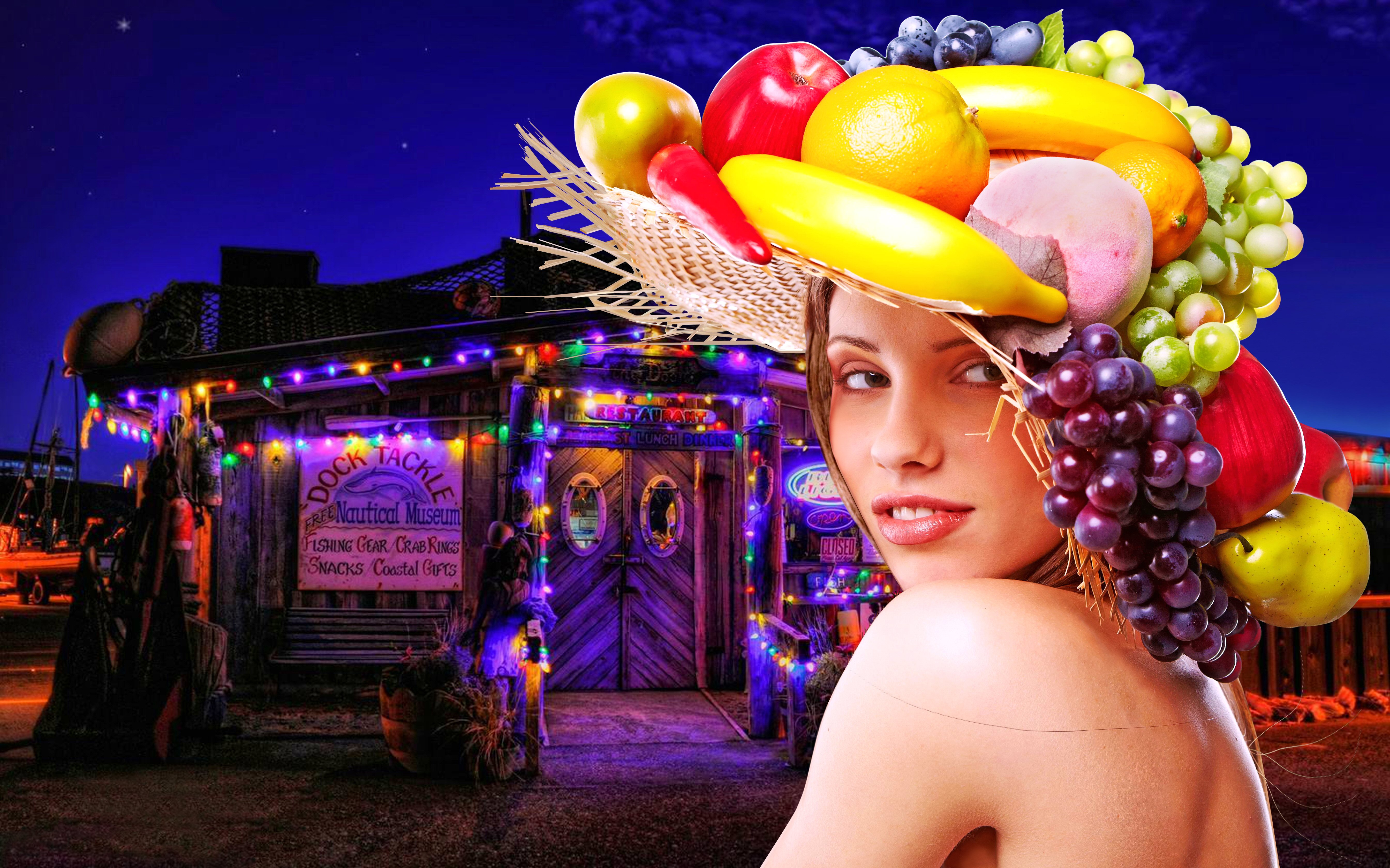 Laden Sie das Obst, Bunt, Gesicht, Hut, Modell, Frauen, Schönheiten-Bild kostenlos auf Ihren PC-Desktop herunter