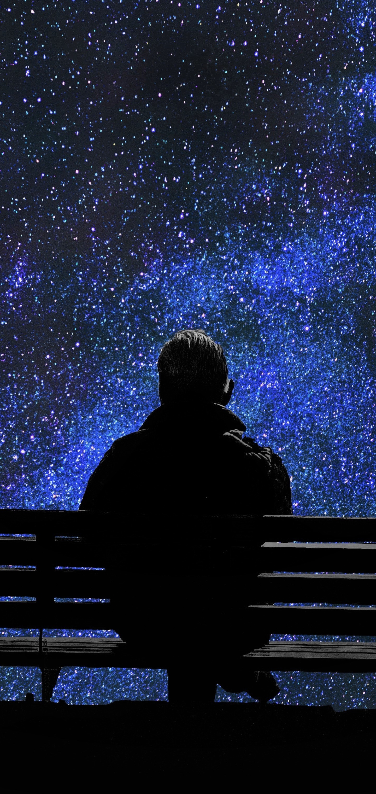 Download mobile wallpaper Sky, Stars, Men, Night, Starry Sky, Bench, Alone, Lonely for free.