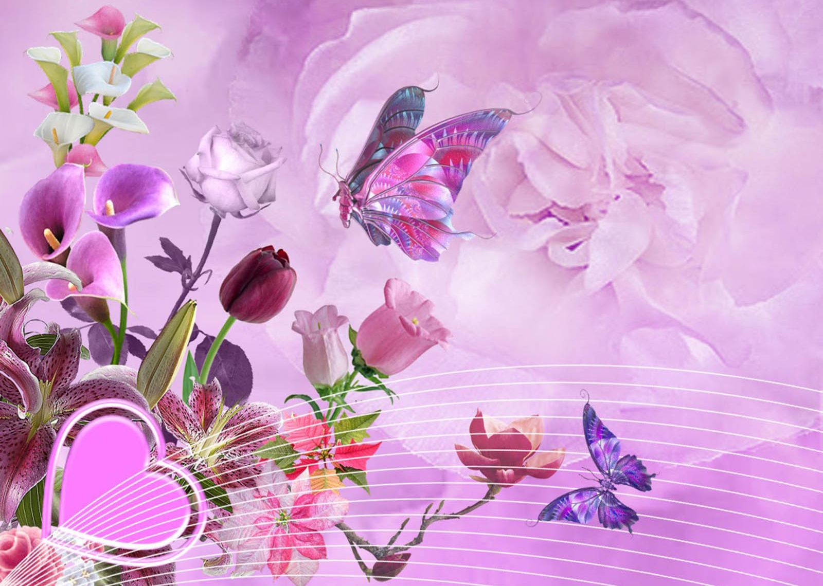PCデスクトップに蝶, チューリップ, 花, 春, 芸術的, 心臓画像を無料でダウンロード