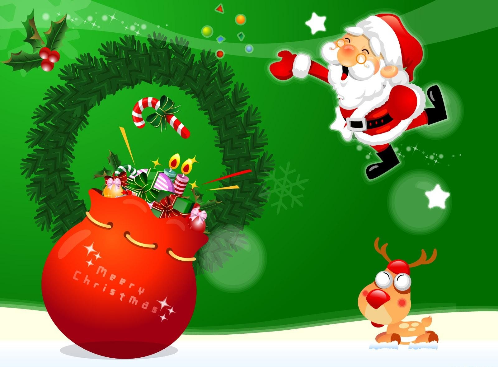 santa claus, holidays, deer, bag, wreath, sack, presents, gifts