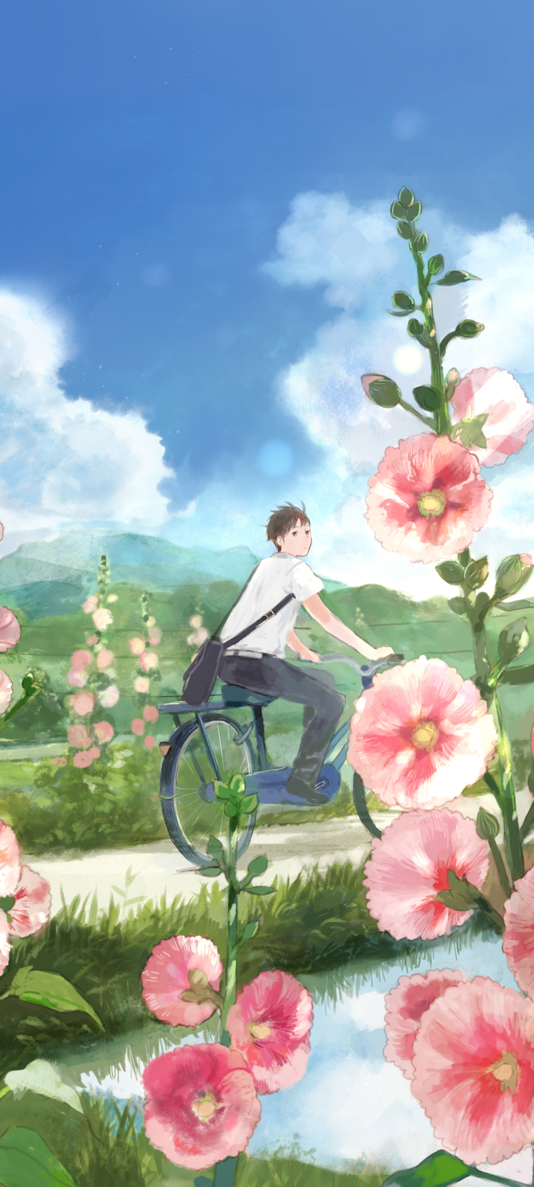 Download mobile wallpaper Anime, Flower, Bike, Original, Brown Hair for free.