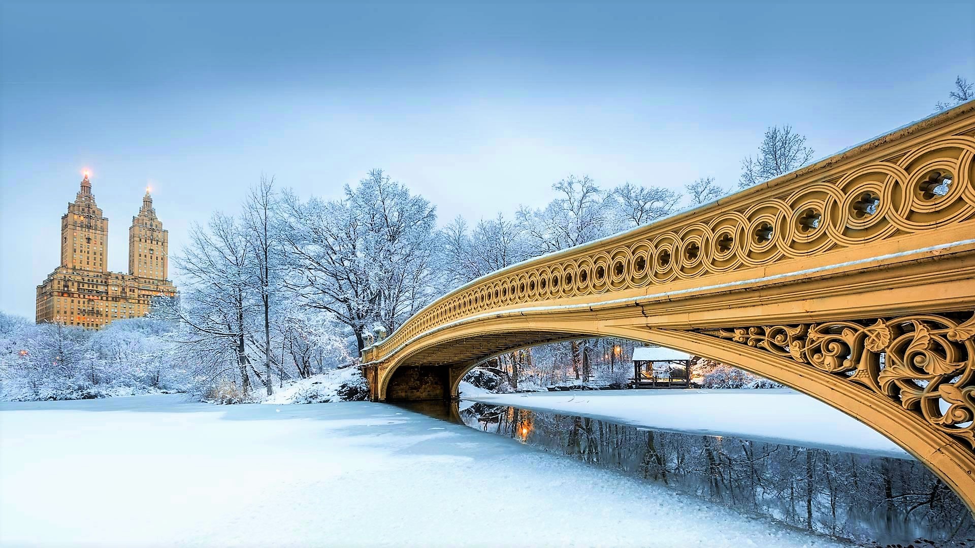 Download mobile wallpaper Winter, Snow, Bridge, New York, Central Park, Man Made, Bow Bridge for free.