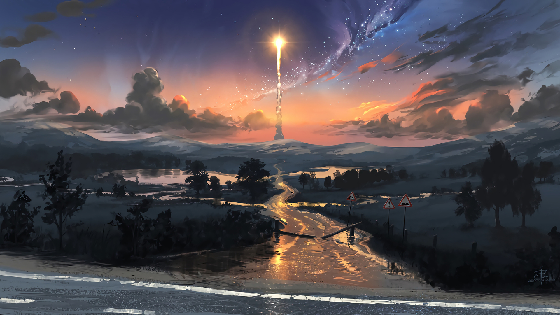 Free download wallpaper Landscape, Sunset, Rocket, Artistic on your PC desktop