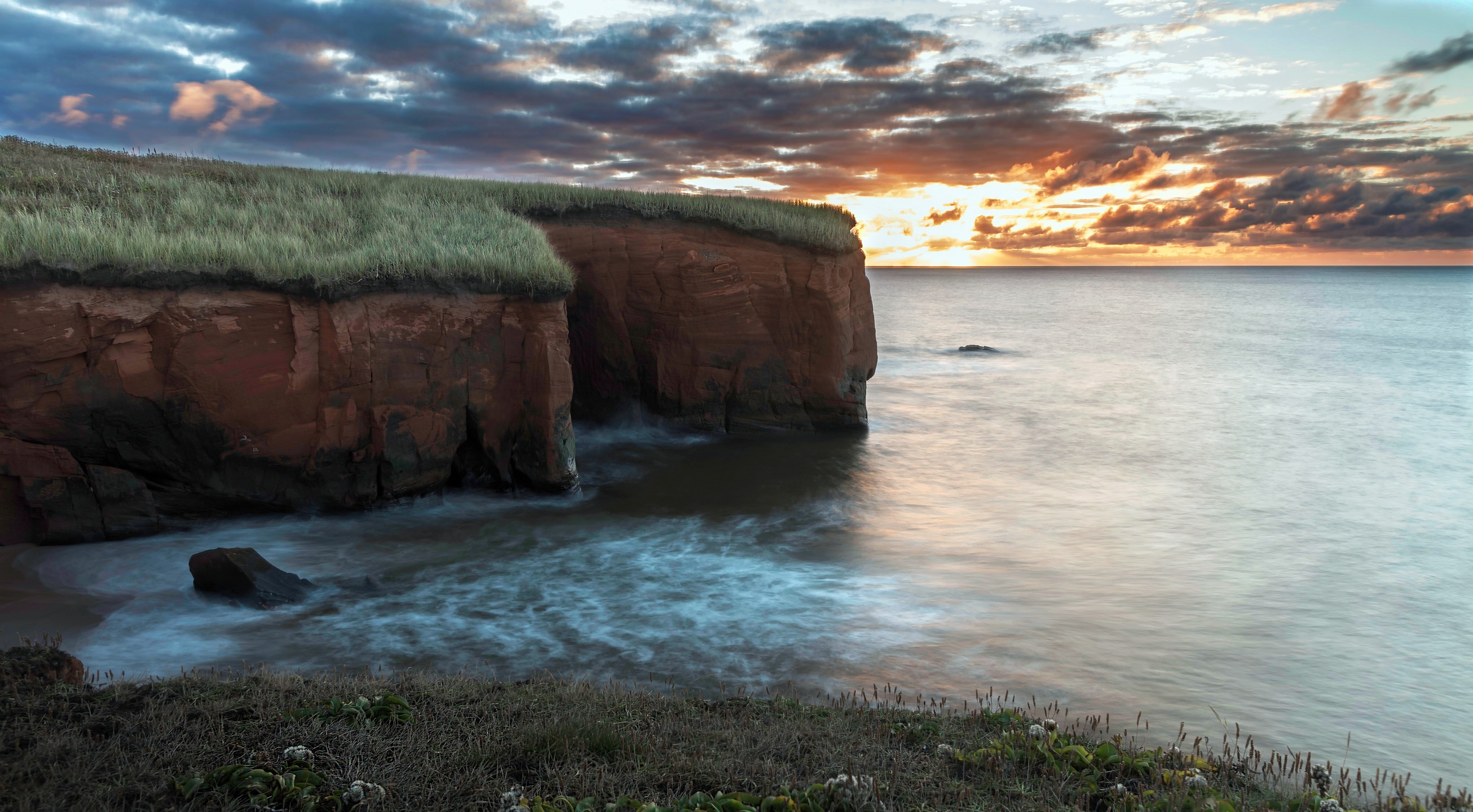 Download mobile wallpaper Nature, Sunset, Horizon, Coast, Ocean, Earth, Cliff, Cloud for free.