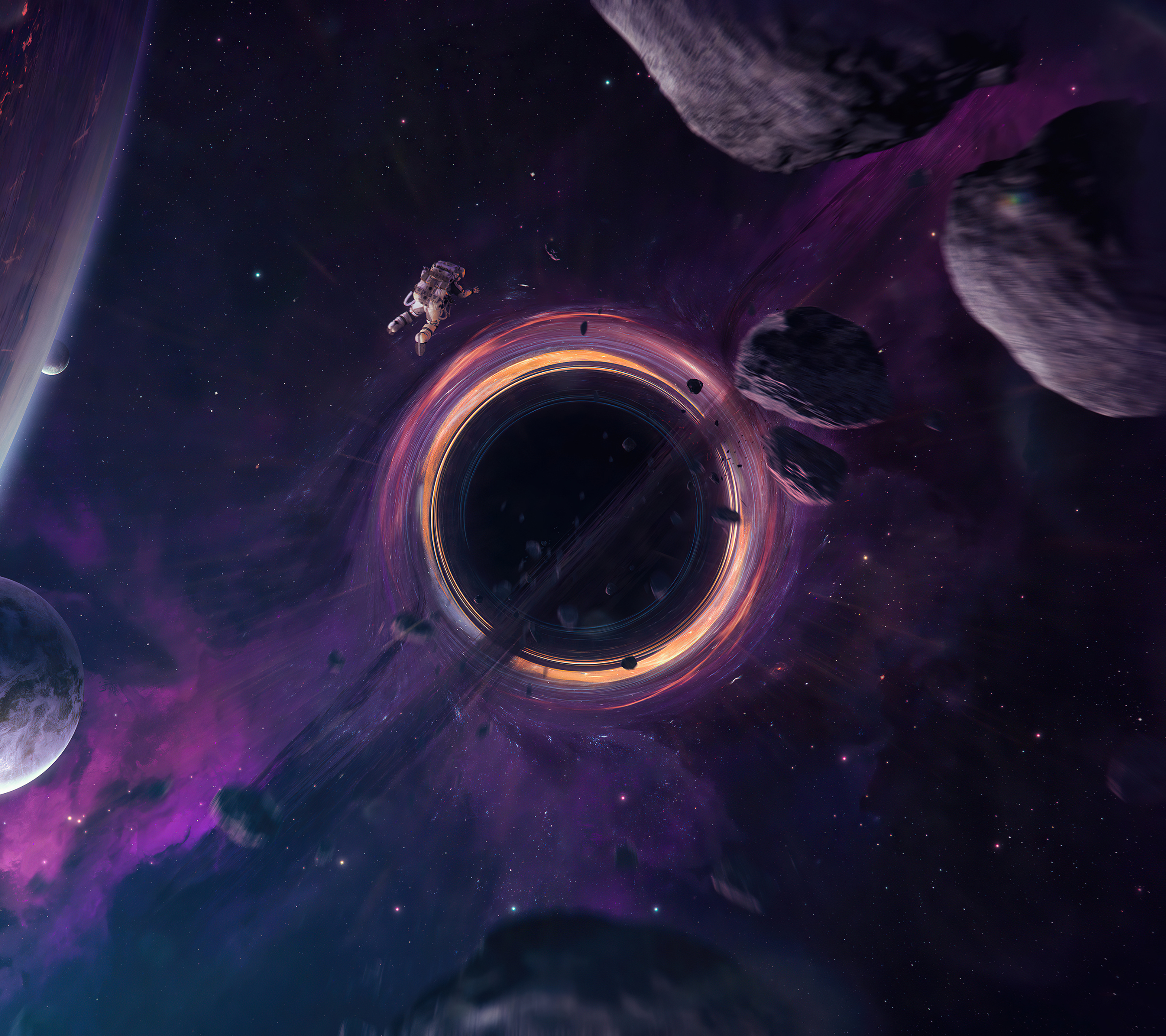 Download mobile wallpaper Space, Planet, Sci Fi, Black Hole, Astronaut for free.