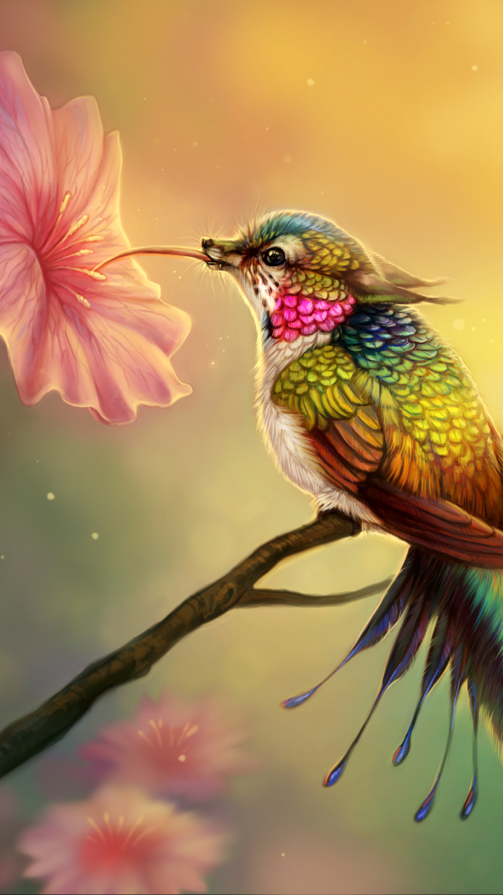 Download mobile wallpaper Fantasy, Flower, Bird, Creature, Hummingbird, Fantasy Animals for free.