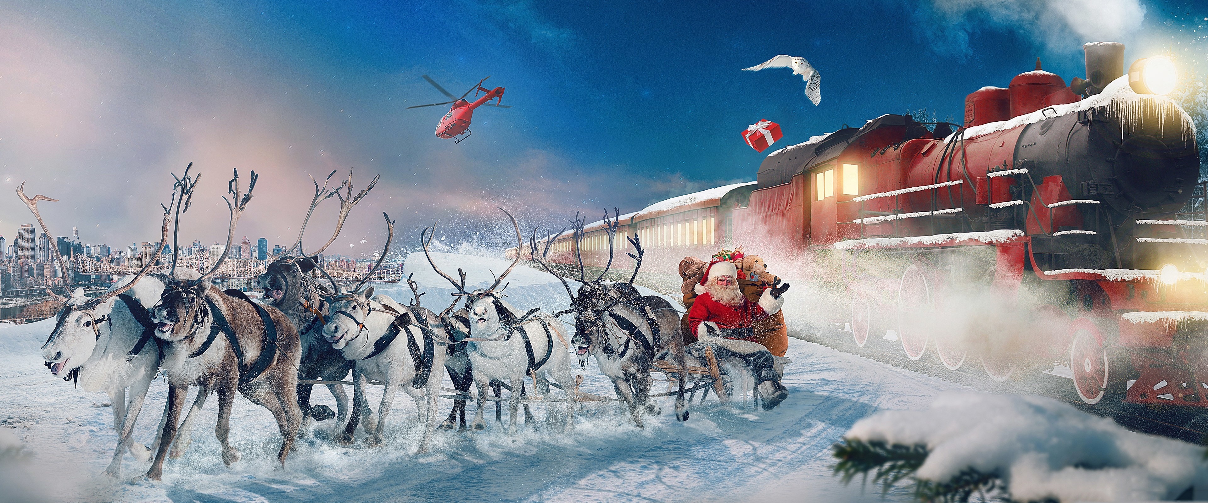 Download mobile wallpaper Winter, Christmas, Holiday, Sleigh, Train, Santa, Reindeer for free.