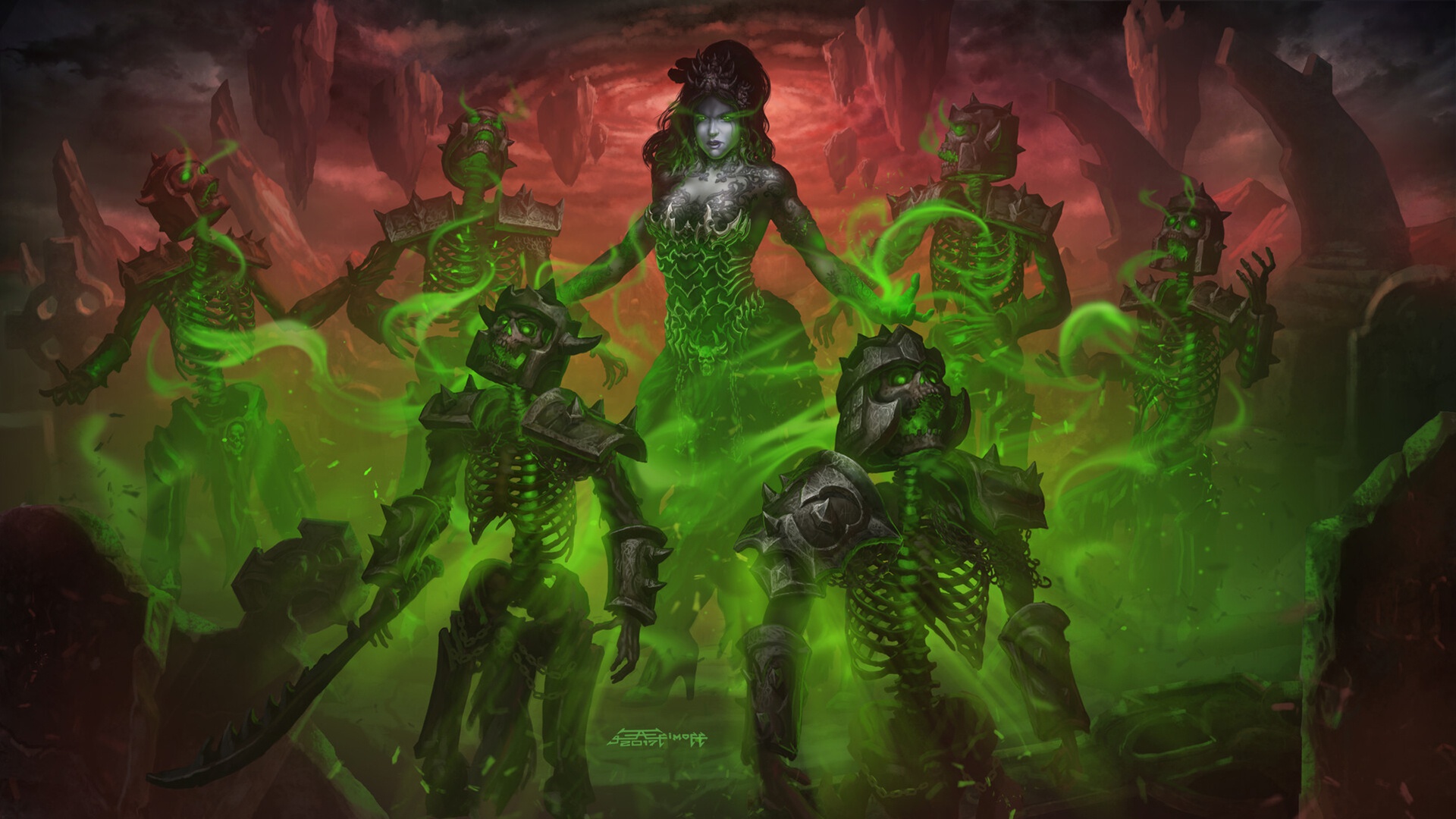Download mobile wallpaper Magic, Dark, Skeleton, Undead, Sorceress, Necromancer for free.