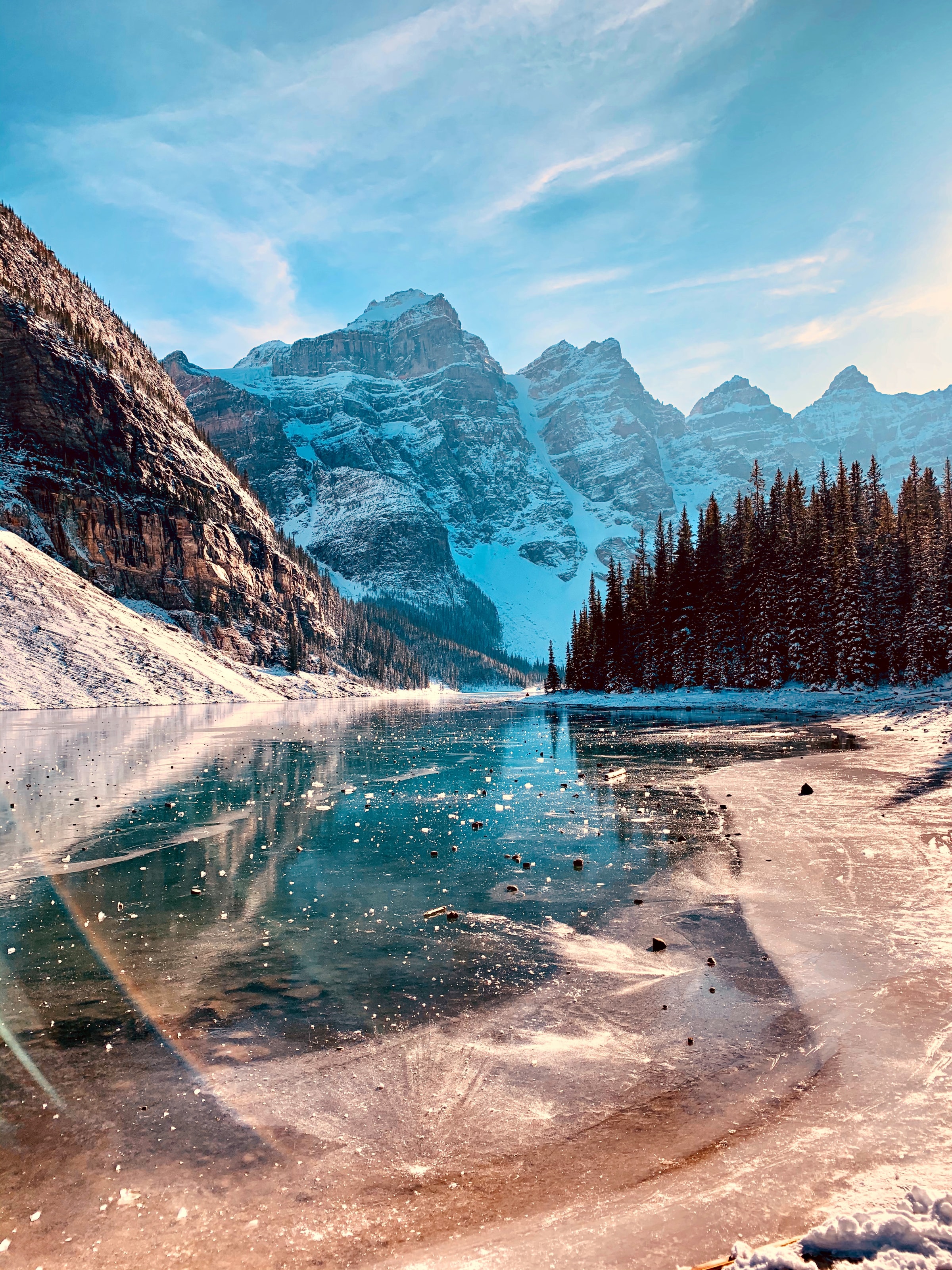 nature, trees, slope, lake, ice, mountains, rocks phone background