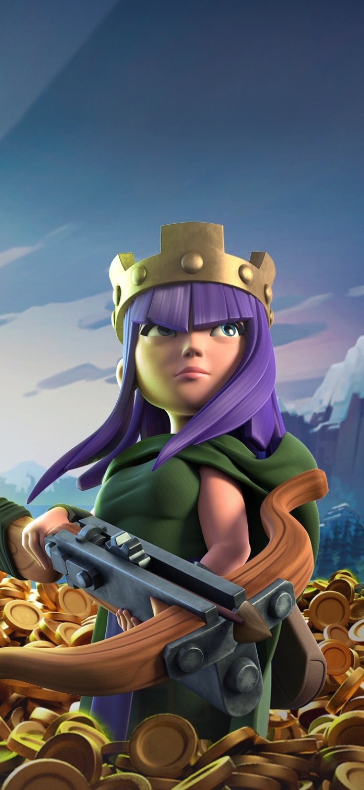 Download mobile wallpaper Crown, Crossbow, Video Game, Woman Warrior, Purple Hair, Clash Of Clans for free.