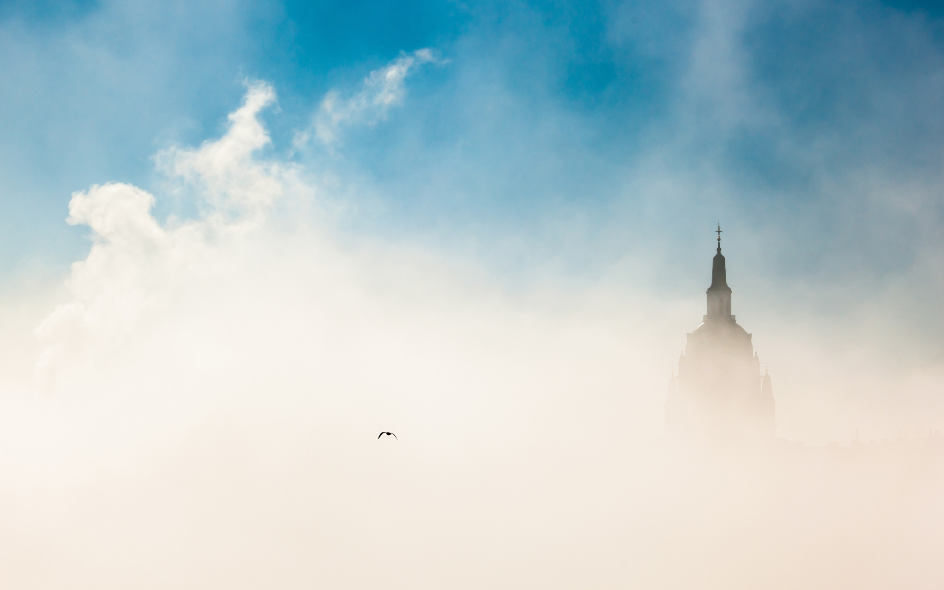 Download mobile wallpaper Building, Scenic, Bird, Photography, Fog, Cloud, Sky for free.