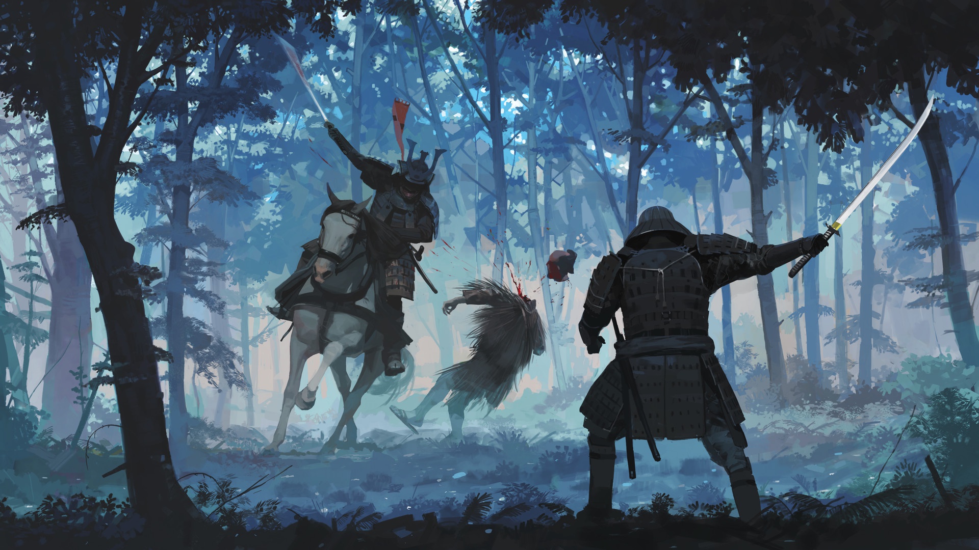 Laden Sie das Fantasie, Wald, Krieger, Kampf, Samurai, Schwert, Katana, Hauspferd-Bild kostenlos auf Ihren PC-Desktop herunter