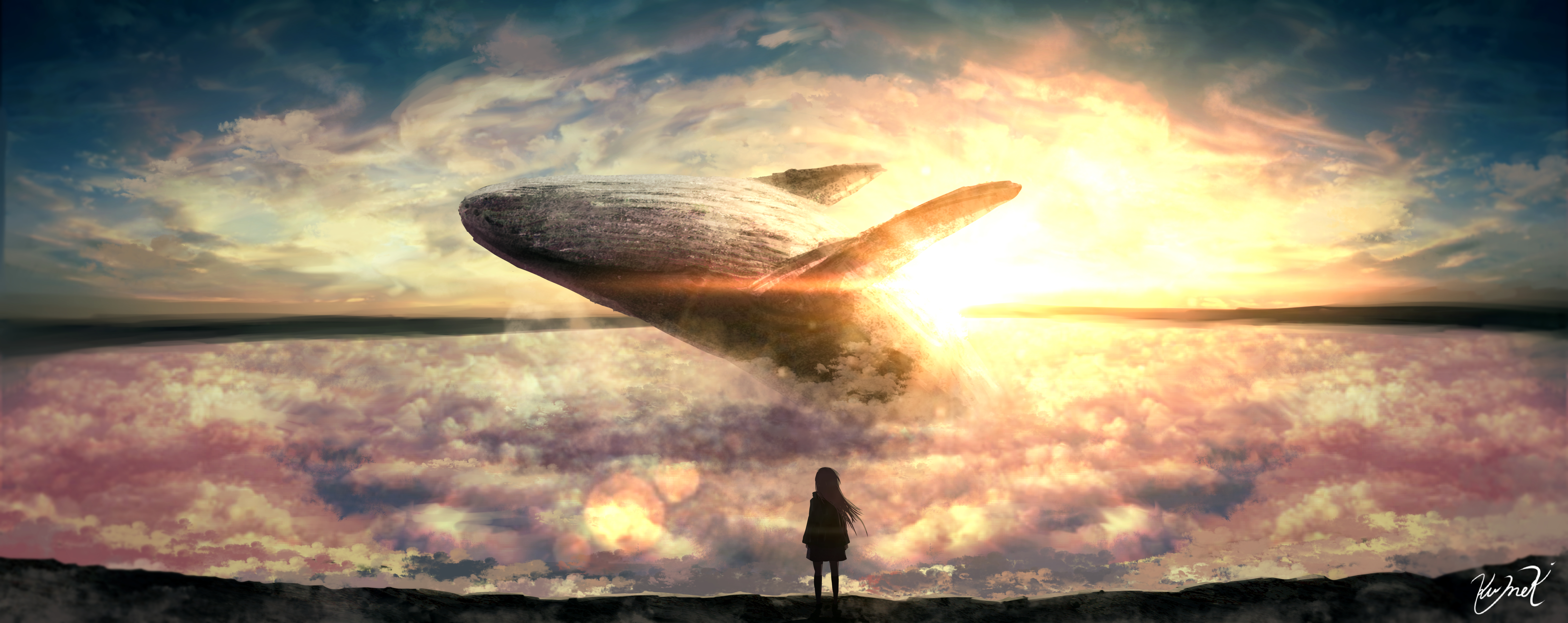 Download mobile wallpaper Anime, Sunset, Animal, Cloud, Whale for free.