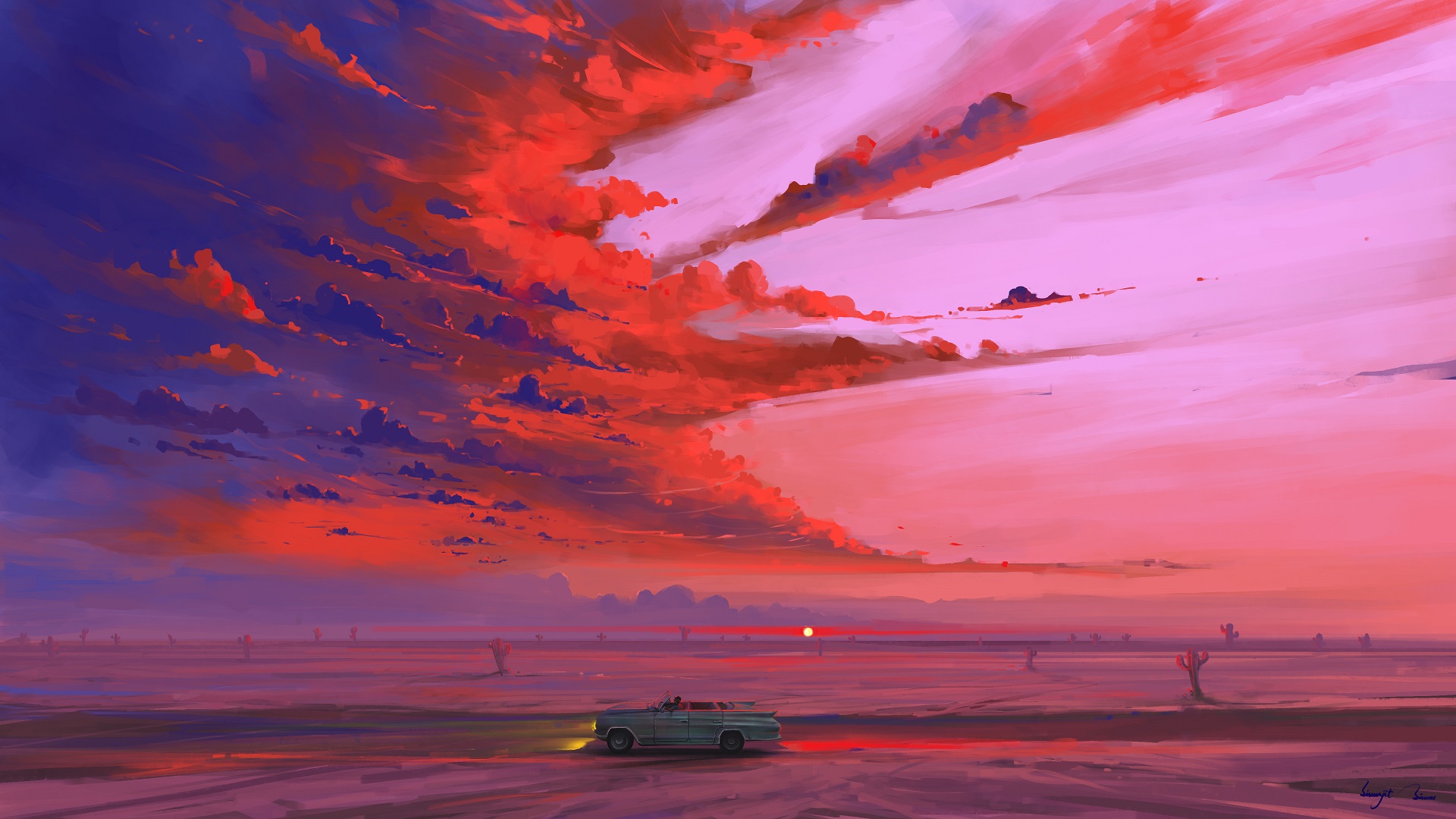 Free download wallpaper Landscape, Sky, Desert, Car, Sunrise, Artistic on your PC desktop