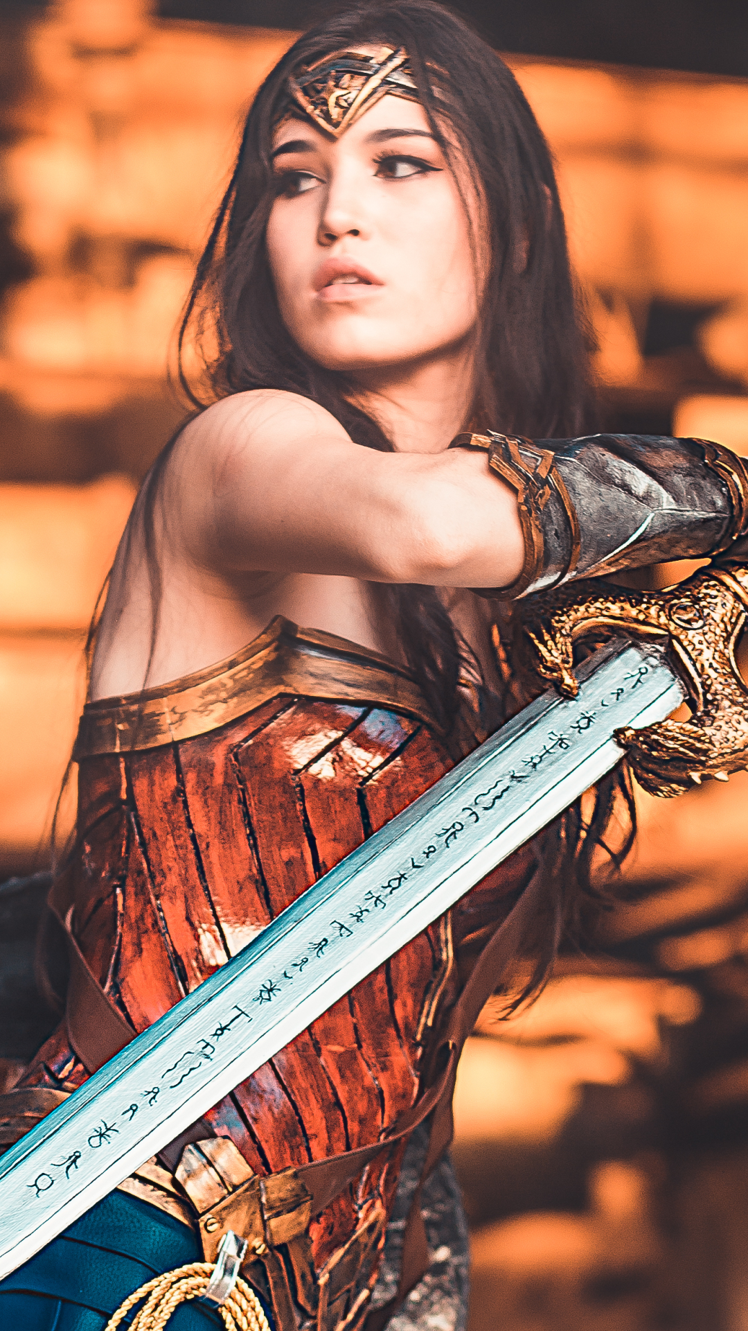 Download mobile wallpaper Brunette, Model, Women, Sword, Dc Comics, Wonder Woman, Cosplay for free.