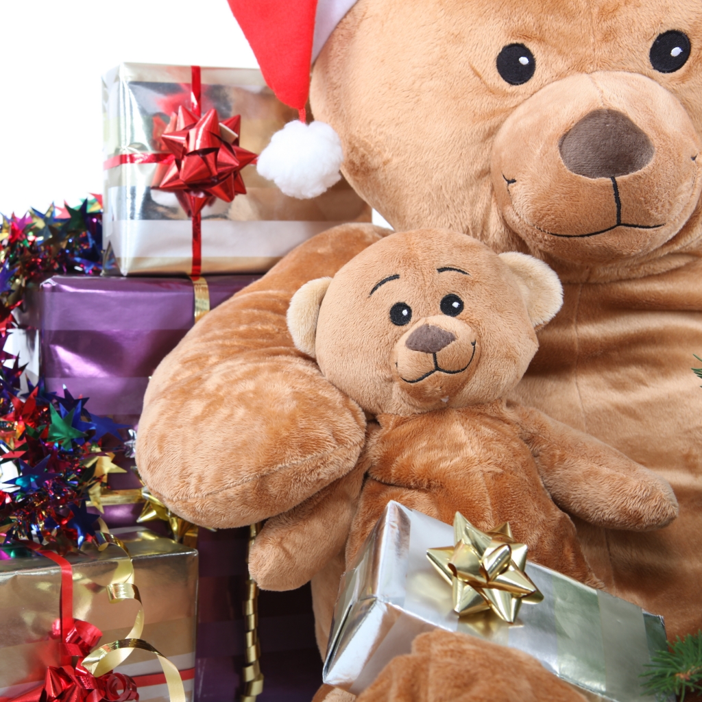 Laden Sie das Feiertage, Weihnachten, Teddybär, Geschenk, Weihnachtsmütze-Bild kostenlos auf Ihren PC-Desktop herunter