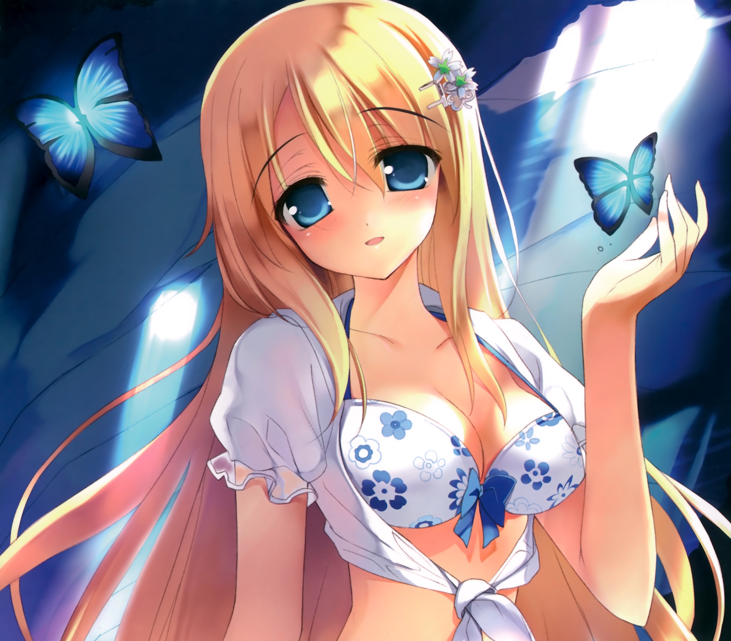 Free download wallpaper Anime, Flower, Butterfly, Smile, Blonde, Blue Eyes, Original, Blush, Long Hair, Bikini on your PC desktop