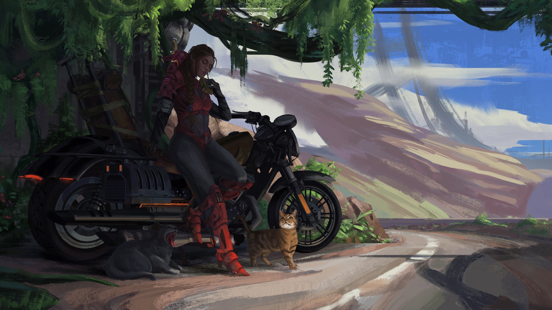 Download mobile wallpaper Cat, Motorcycle, Sci Fi, Women for free.