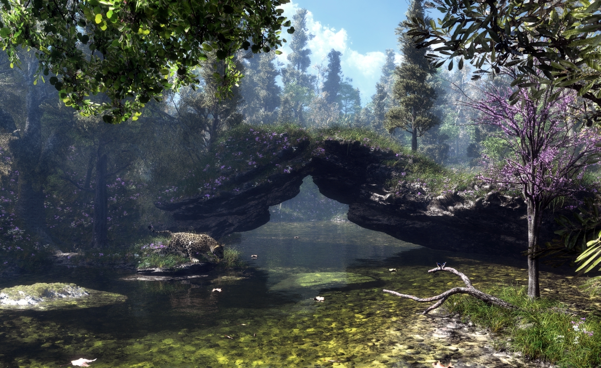 Free download wallpaper Landscape, Fantasy, Forest, Leopard, Artistic on your PC desktop