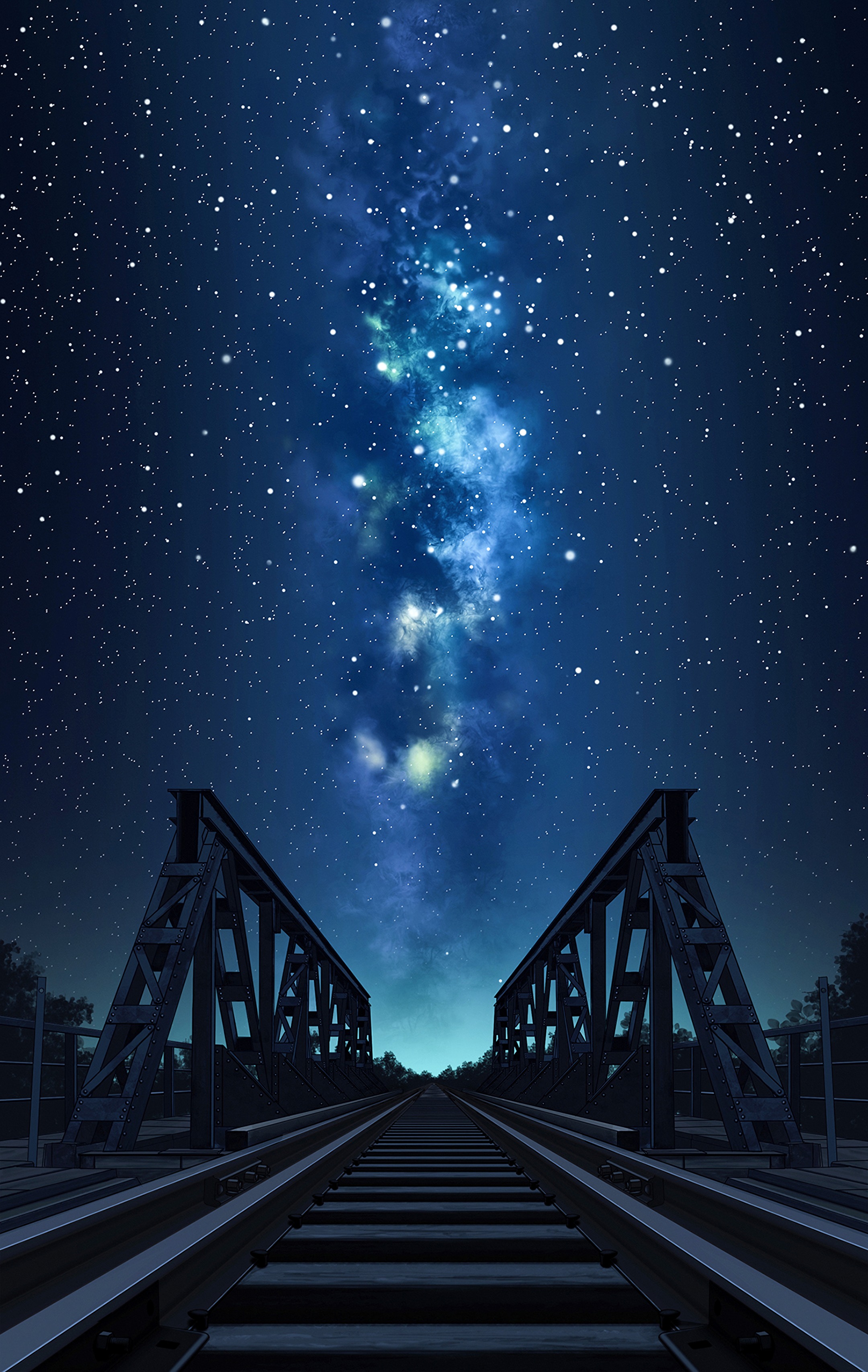 starry sky, bridge, art, rails, night