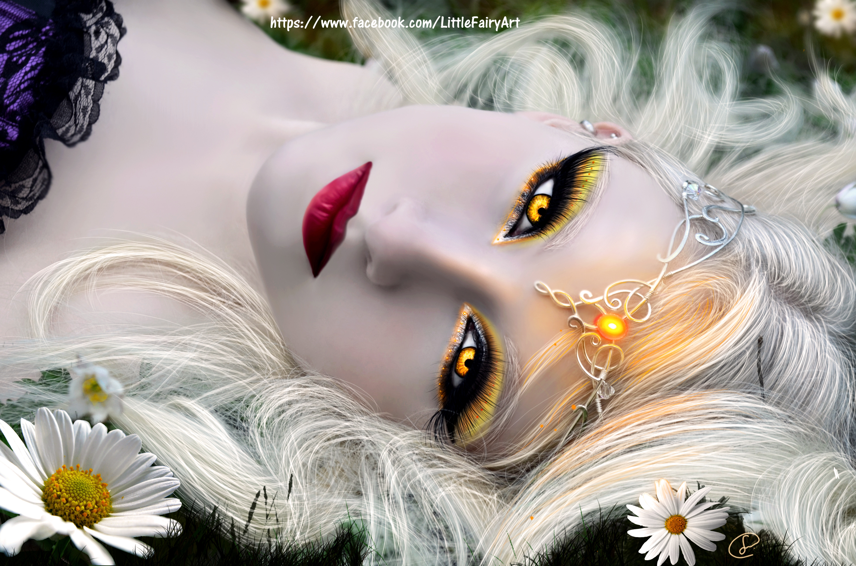 Download mobile wallpaper Flower, Artistic, Fairy, Women, Yellow Eyes, White Hair, Lipstick for free.