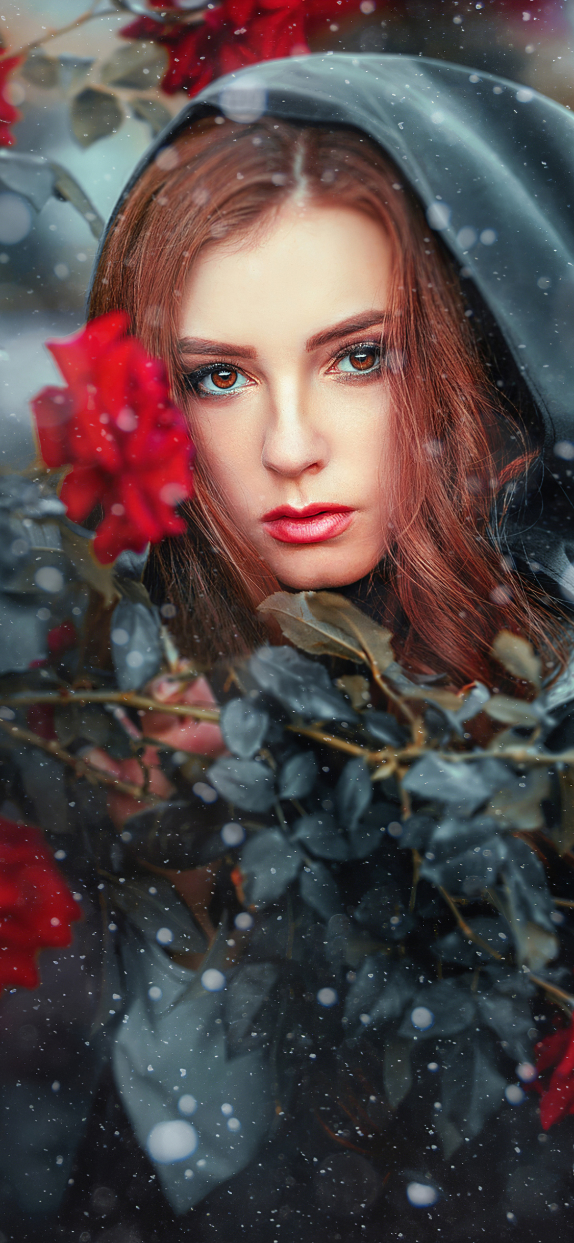 Download mobile wallpaper Redhead, Hood, Model, Women, Brown Eyes, Red Flower, Lipstick for free.