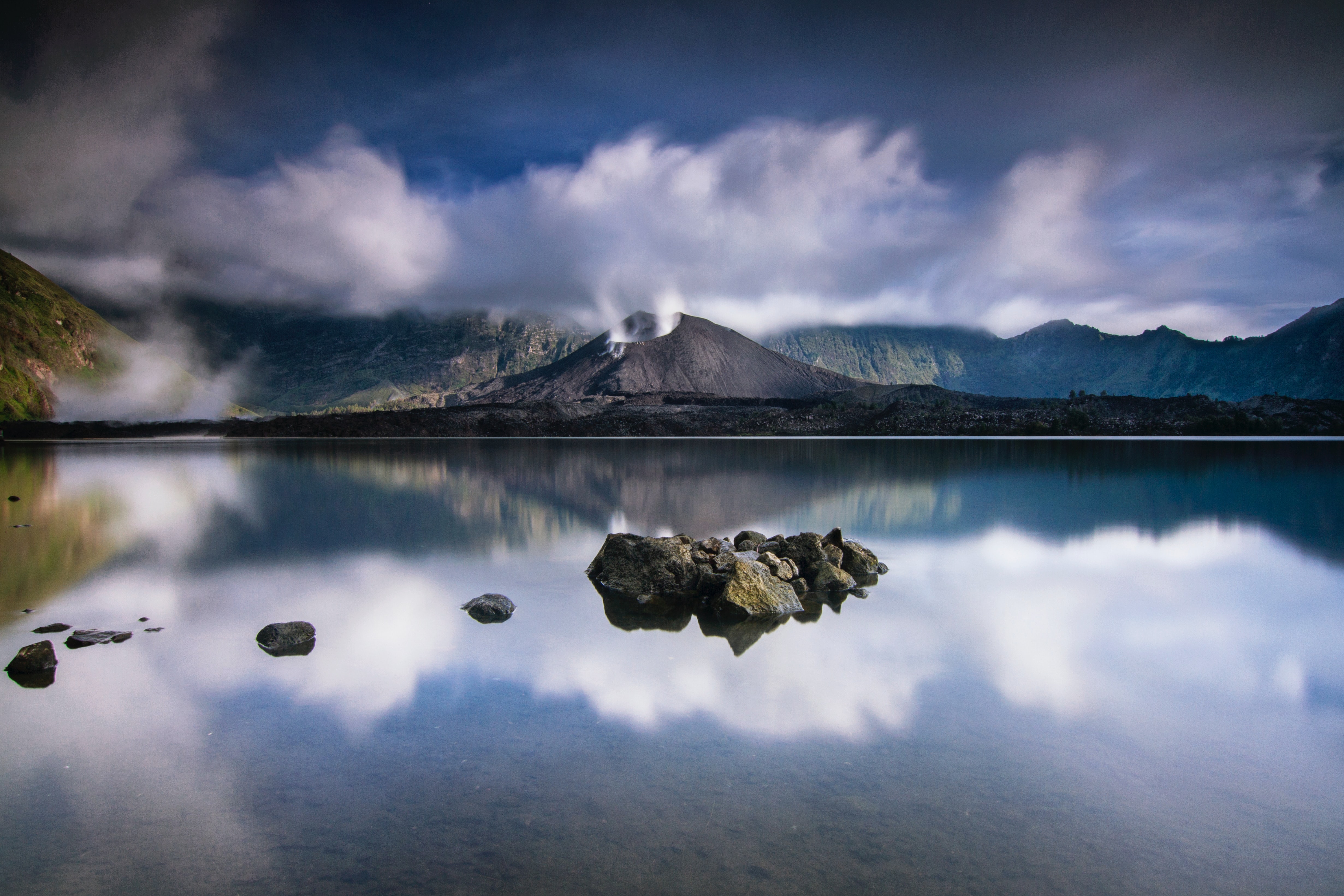 Free download wallpaper Stones, Lake, Volcano, Nature, Landscape on your PC desktop