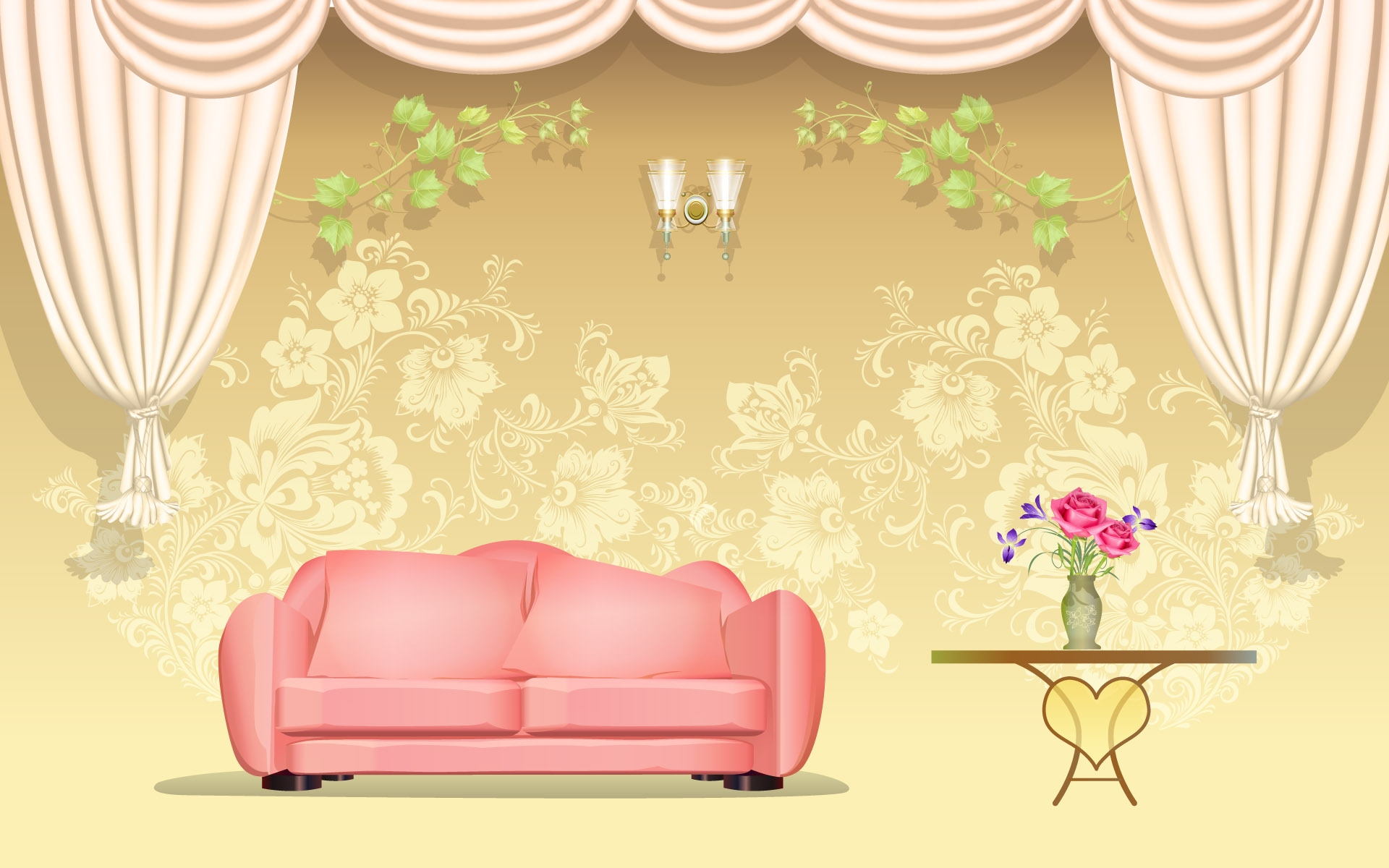 Download mobile wallpaper Pink, Flower, Room, Curtain, Artistic, Couch for free.