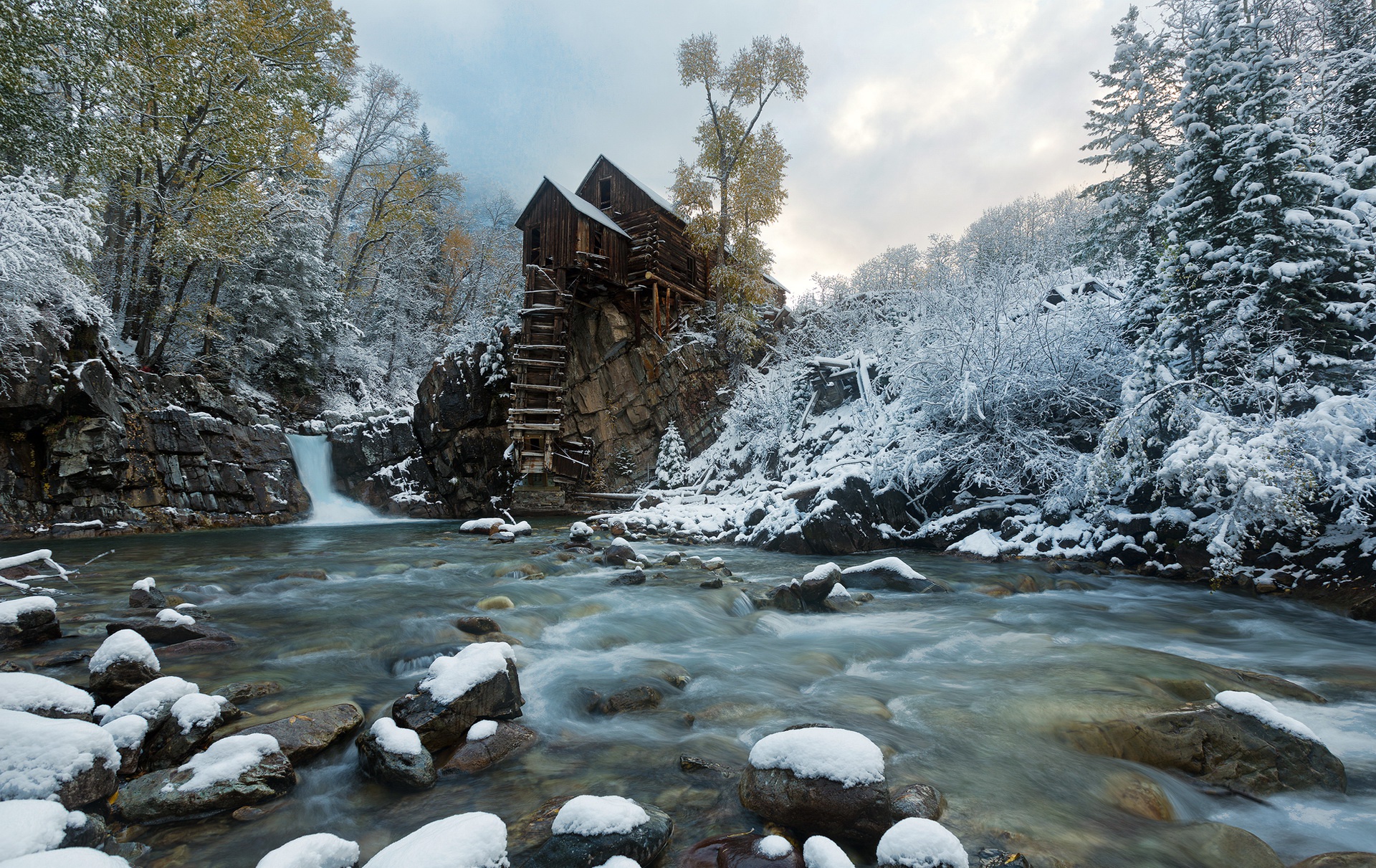 man made, crystal mill, building, river, snow, stone, winter