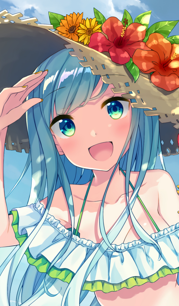 Download mobile wallpaper Anime, Summer, Ice Cream, Flower, Original, Blue Hair for free.