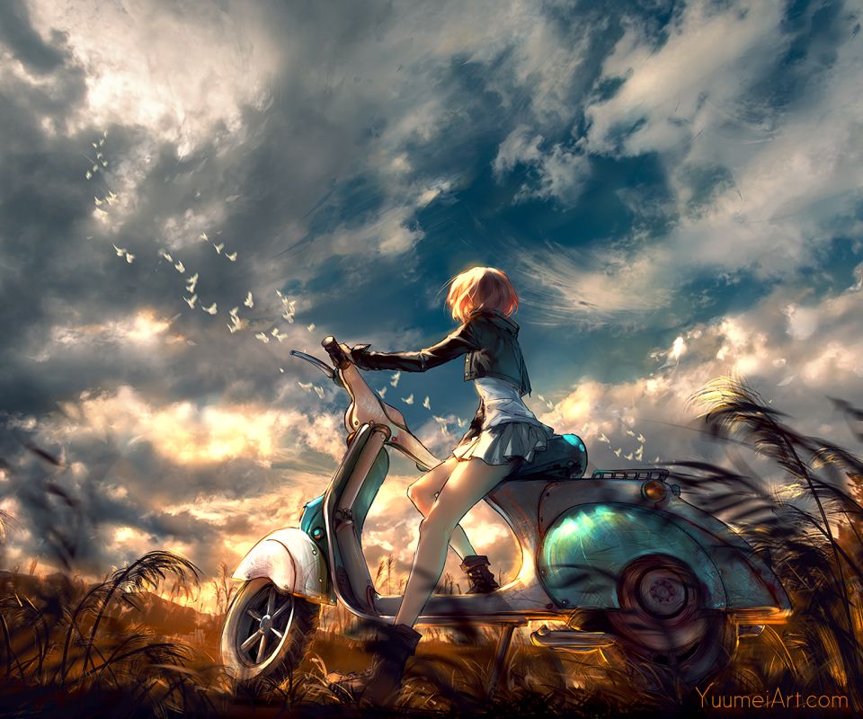 Laden Sie das Motorrad, Wolke, Original, Himmel, Animes-Bild kostenlos auf Ihren PC-Desktop herunter