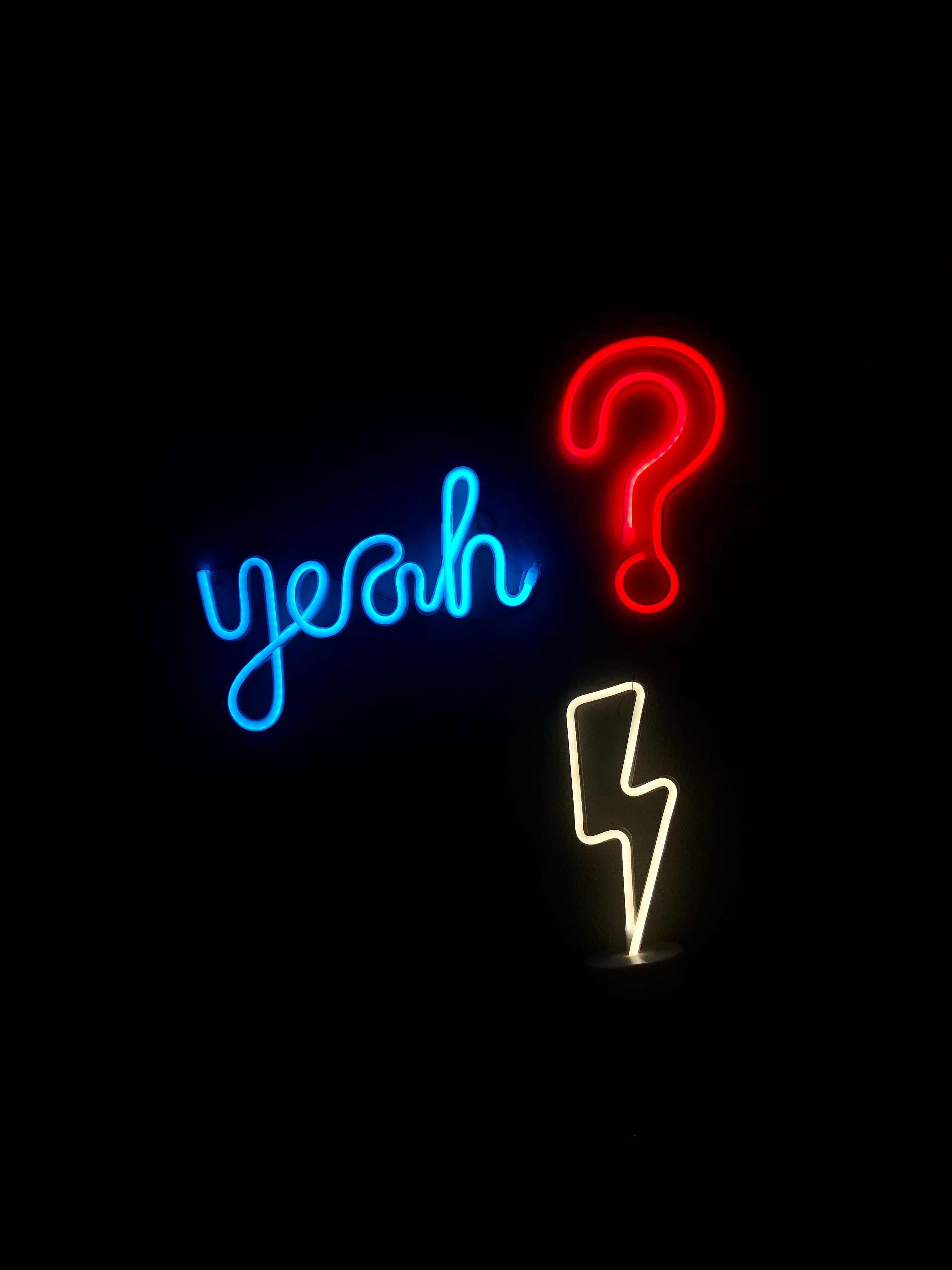 text, words, neon, darkness, glow, question