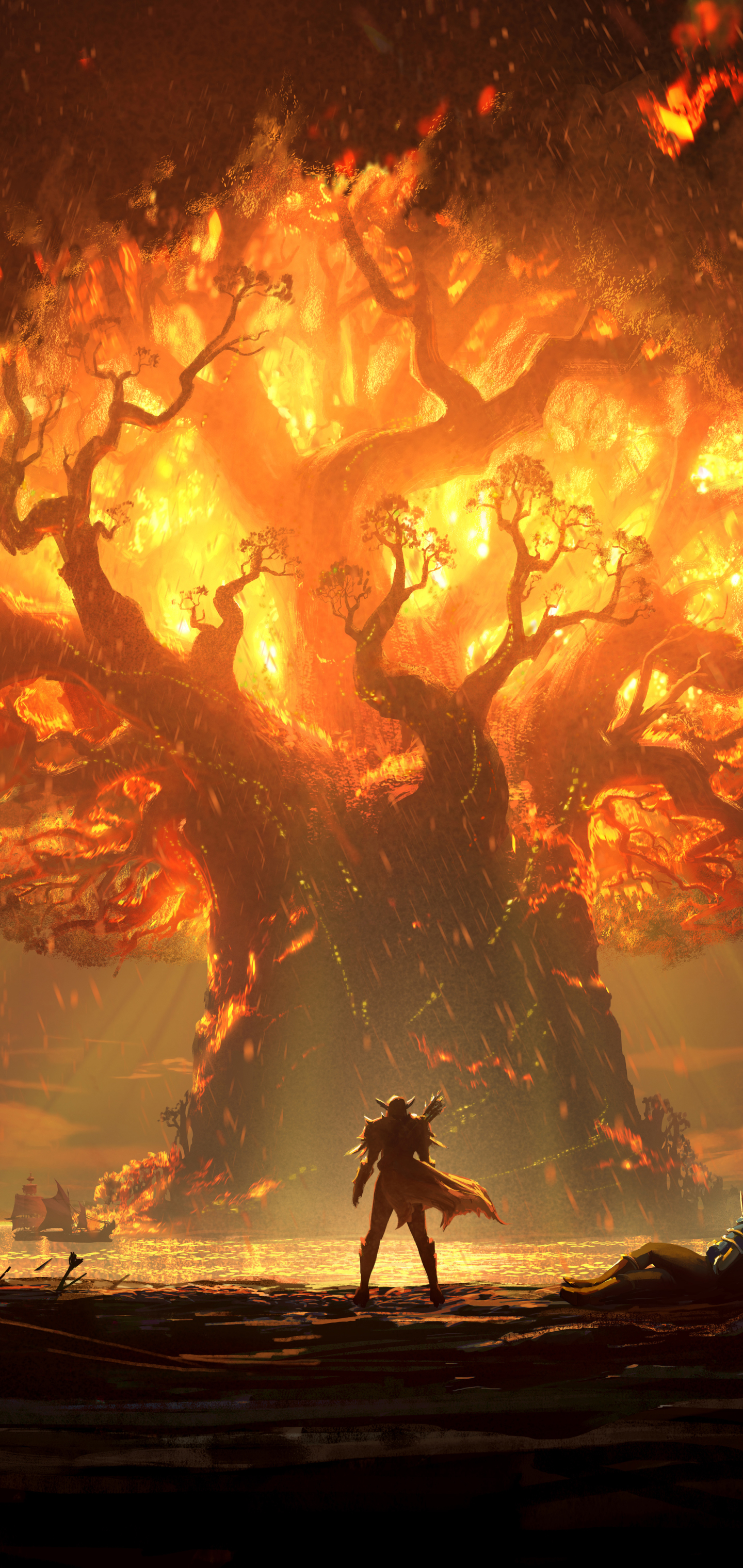Free download wallpaper Fire, Tree, Warrior, Video Game, World Of Warcraft, World Of Warcraft: Battle For Azeroth on your PC desktop